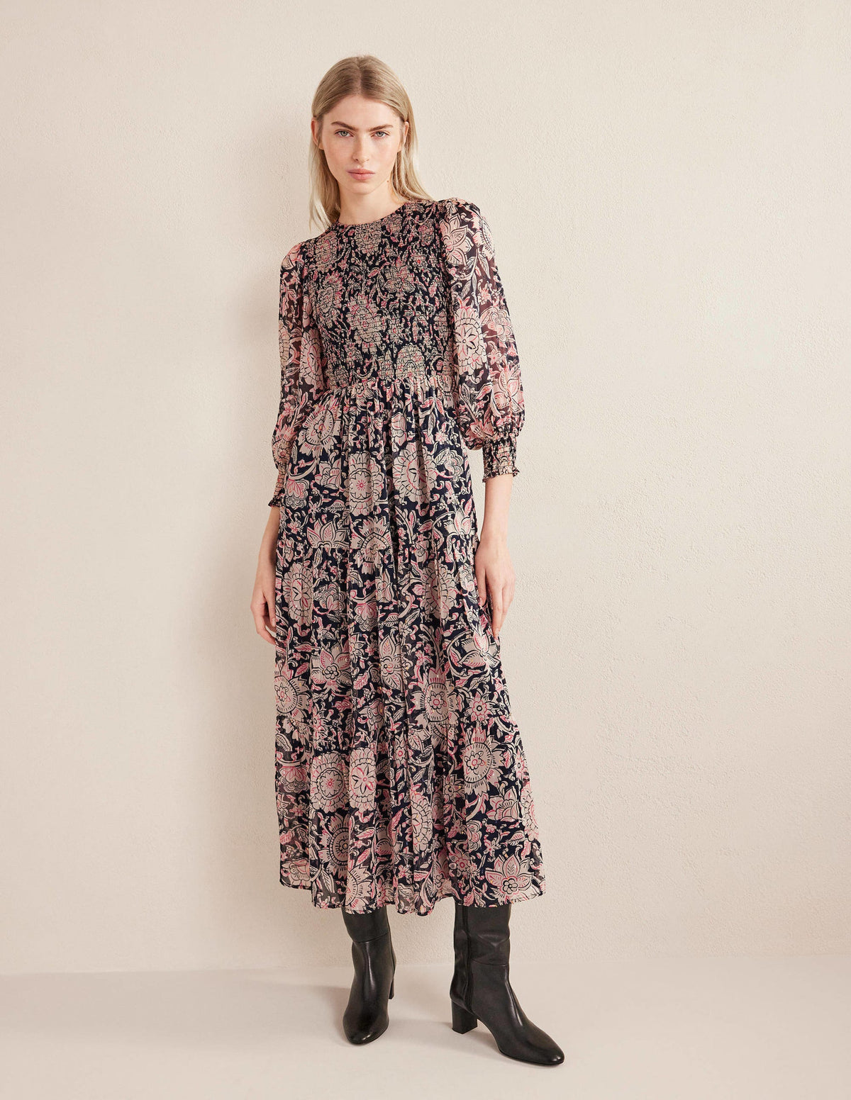 Metallic Smocked Maxi Dress-Popcorn, Floral Tapestry-4