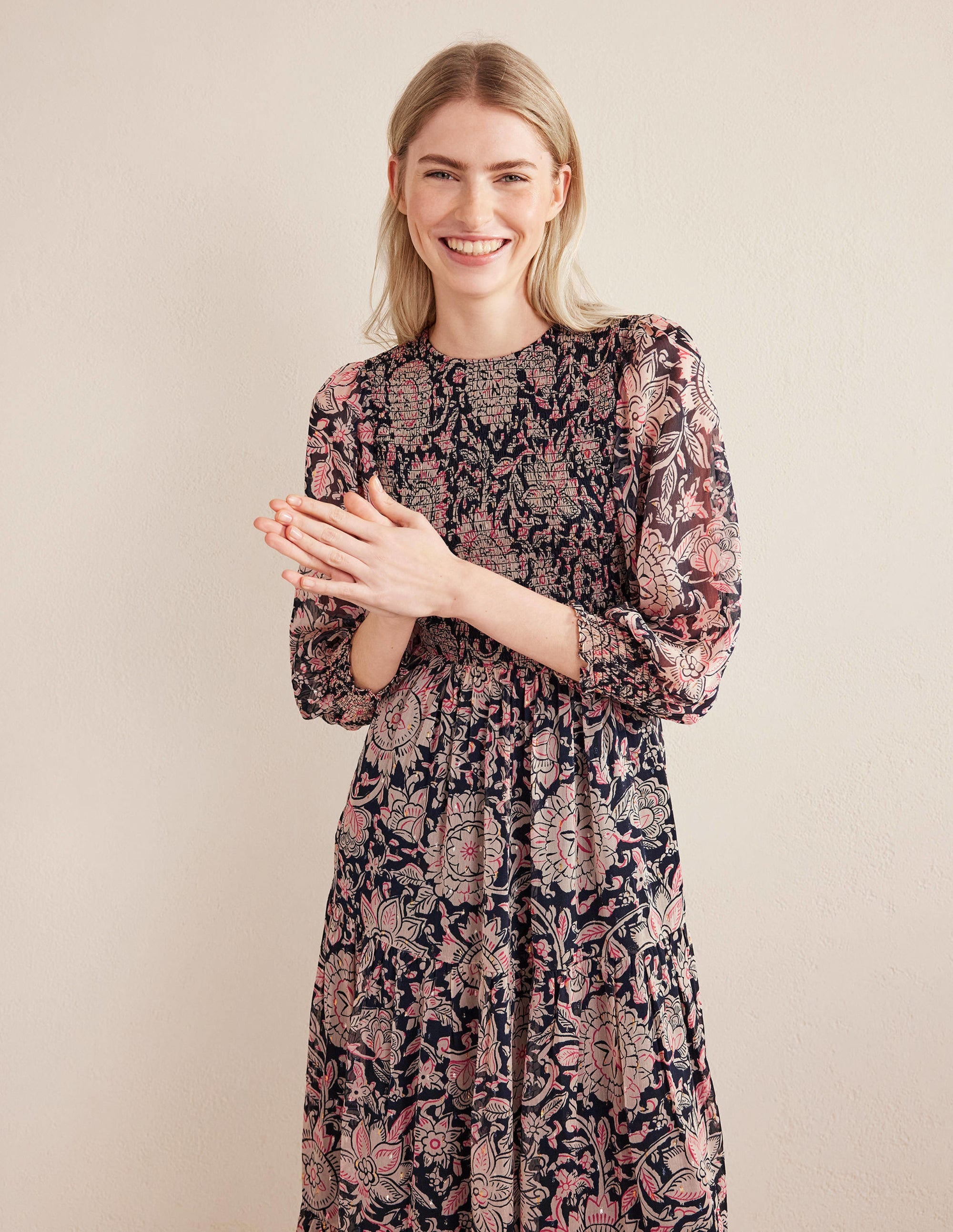 Metallic Smocked Maxi Dress-Popcorn, Floral Tapestry - Image 5