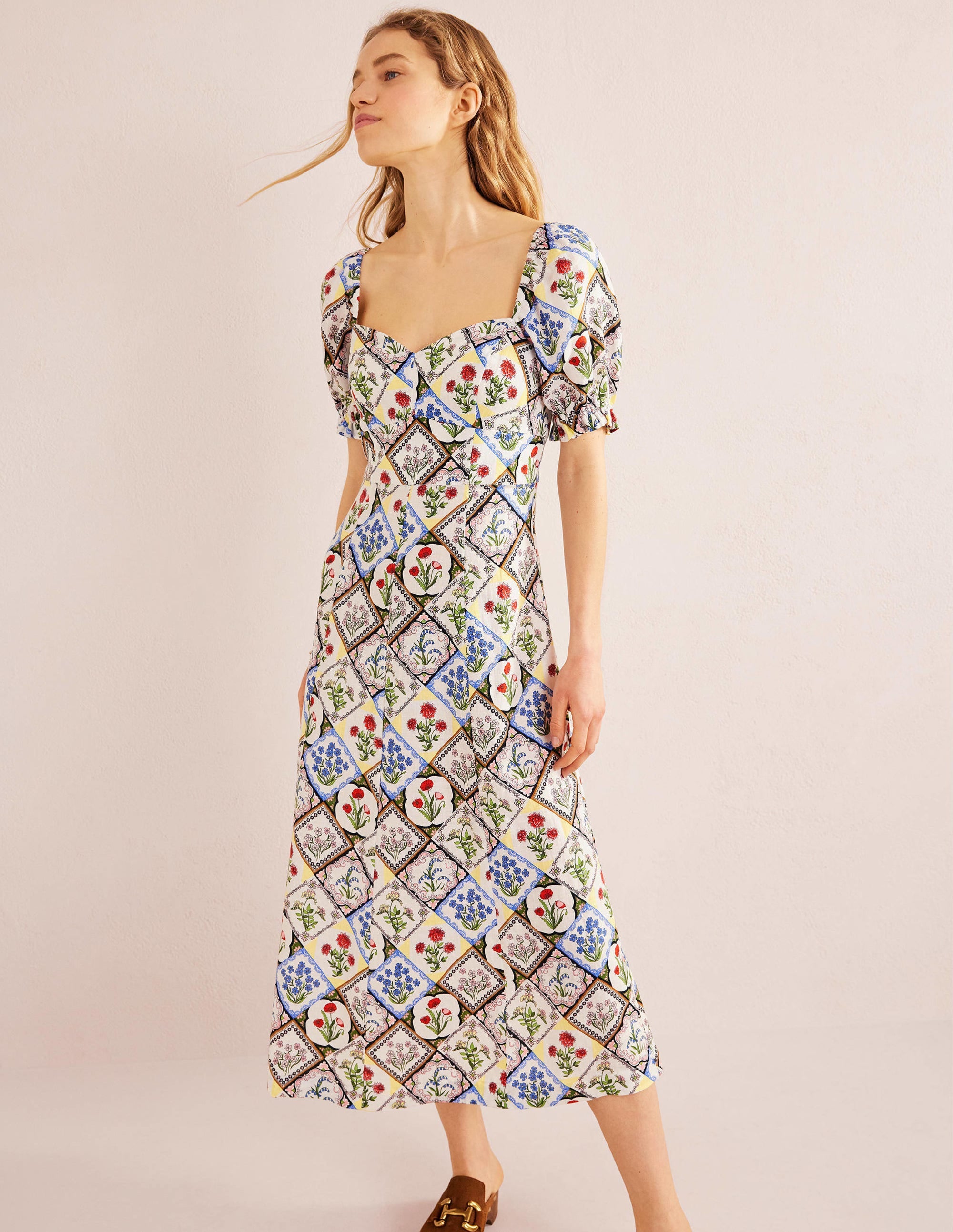 Sweetheart Linen Midi Dress-Ivory, Wild Bluebell - Image 1