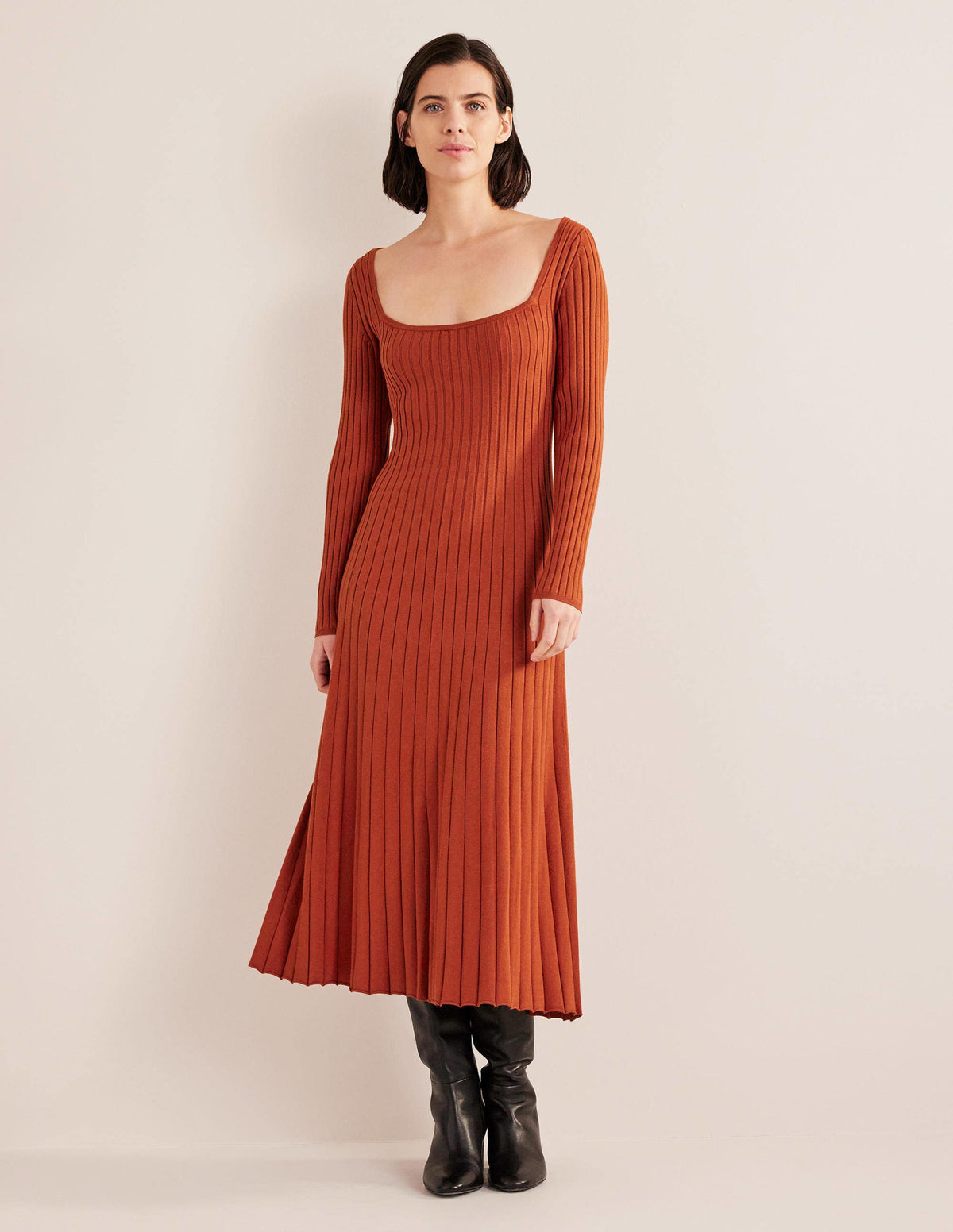 Scoop Neck Knitted Midi Dress-Rust - Image 1