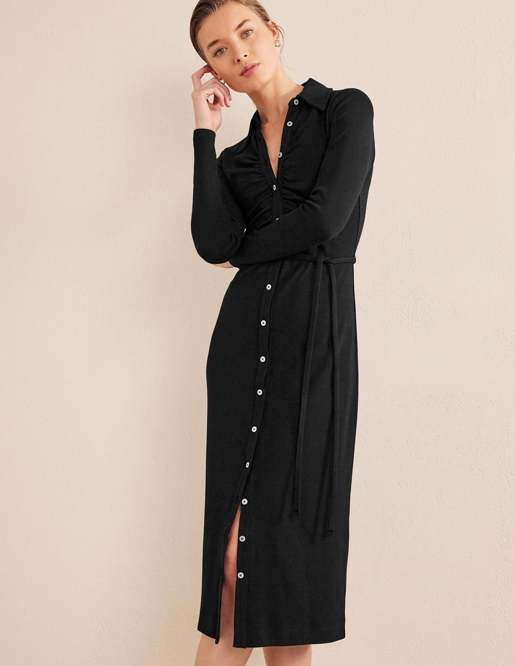 Jersey Ribbed Midi Shirt Dress-Black-1