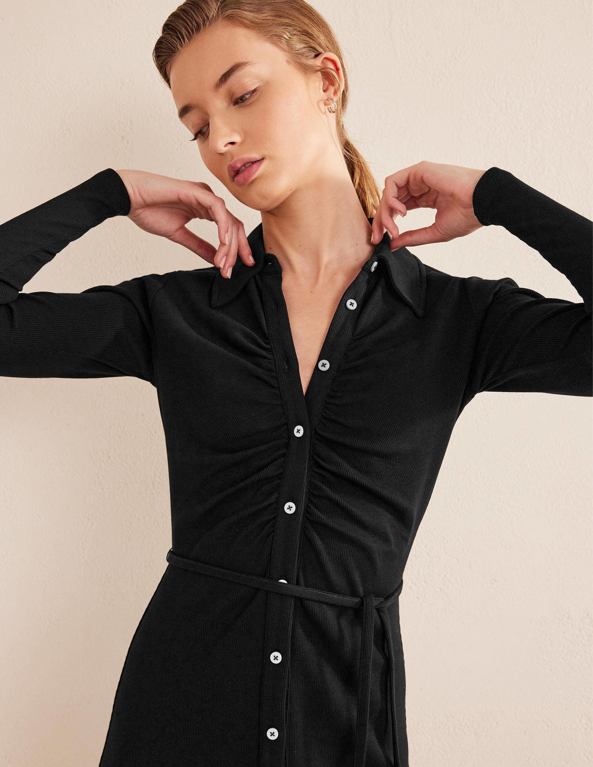 Jersey Ribbed Midi Shirt Dress-Black-2
