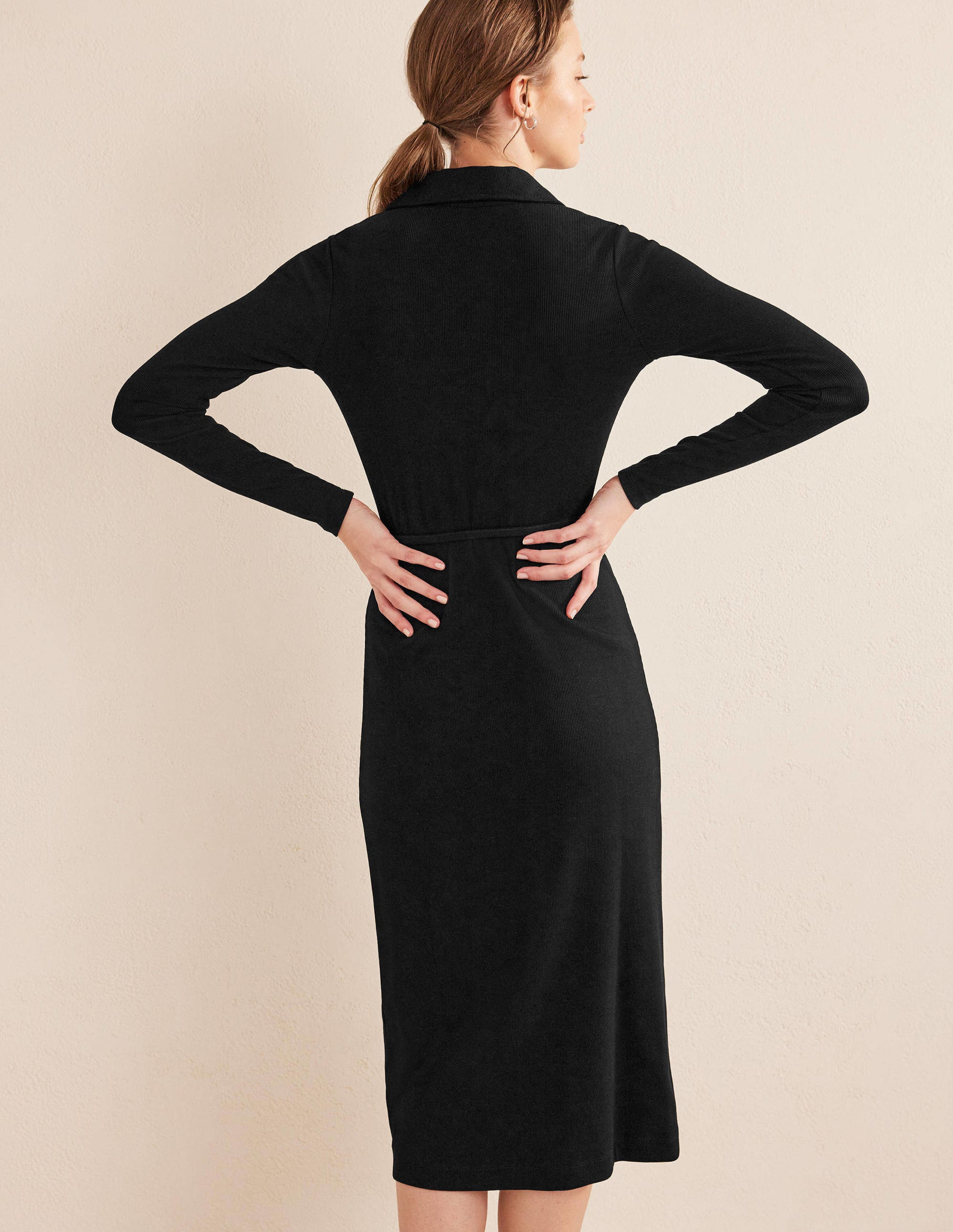 Jersey Ribbed Midi Shirt Dress-Black - Image 3