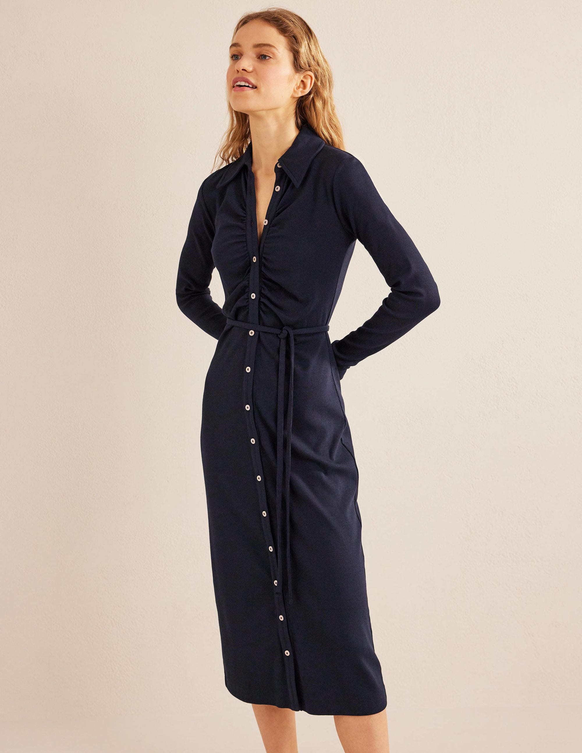 Jersey Ribbed Midi Shirt Dress-Navy - Image 1