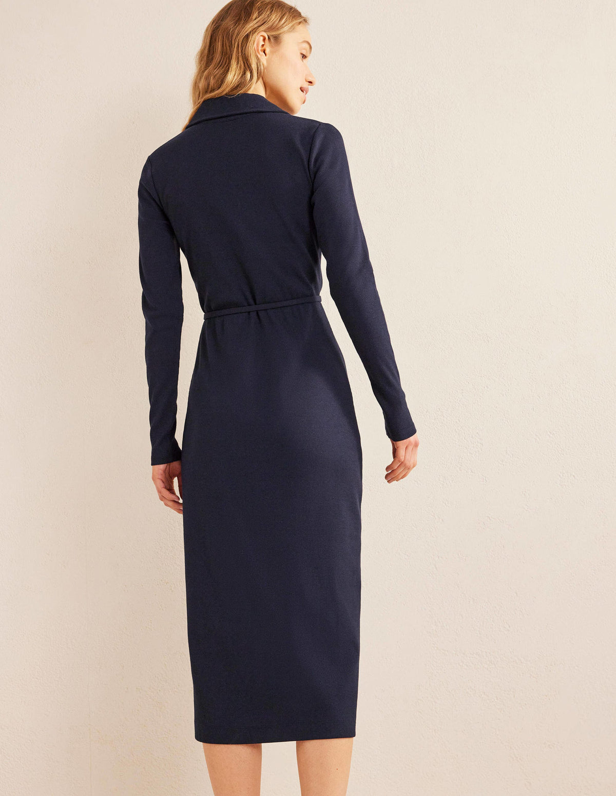 Jersey Ribbed Midi Shirt Dress-Navy-3
