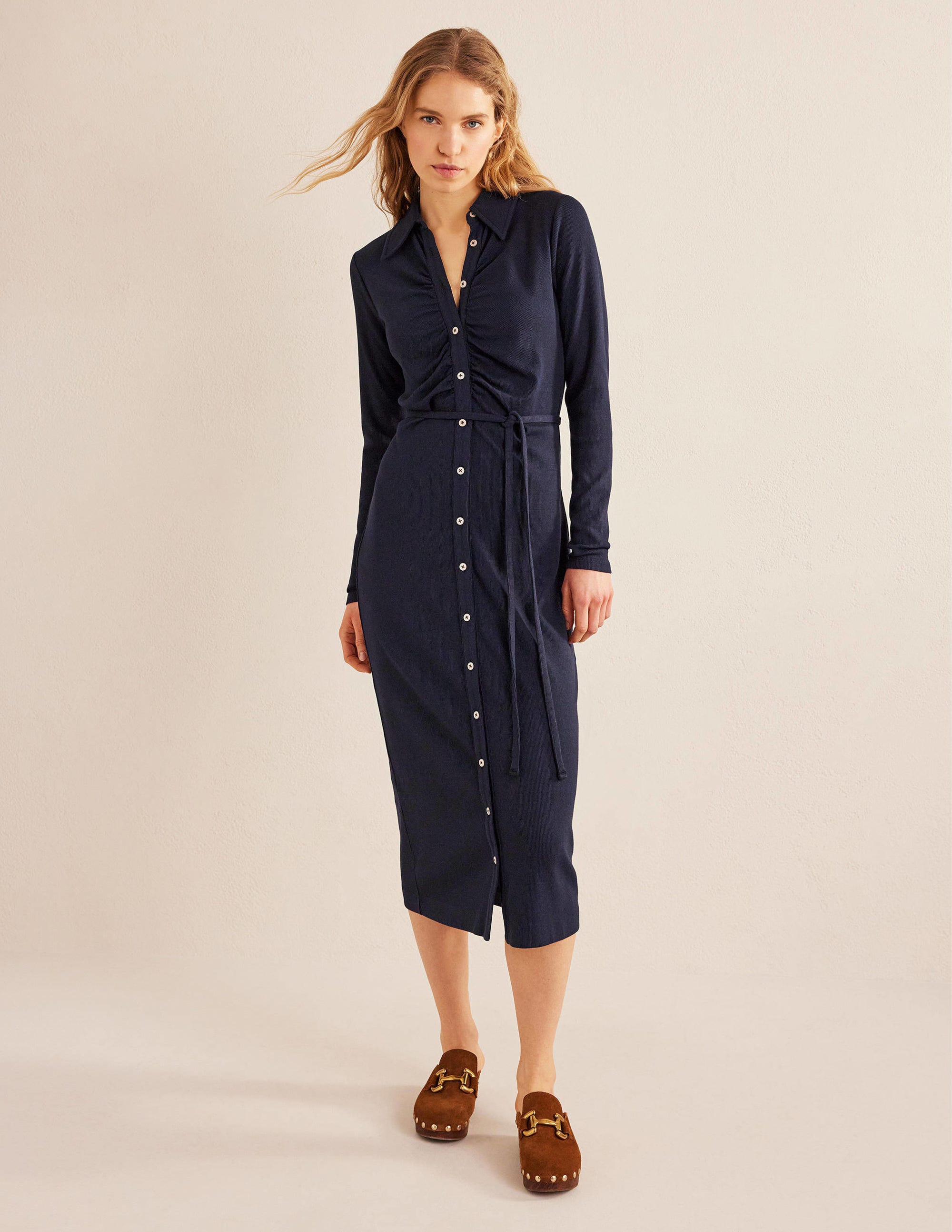 Jersey Ribbed Midi Shirt Dress-Navy - Image 4