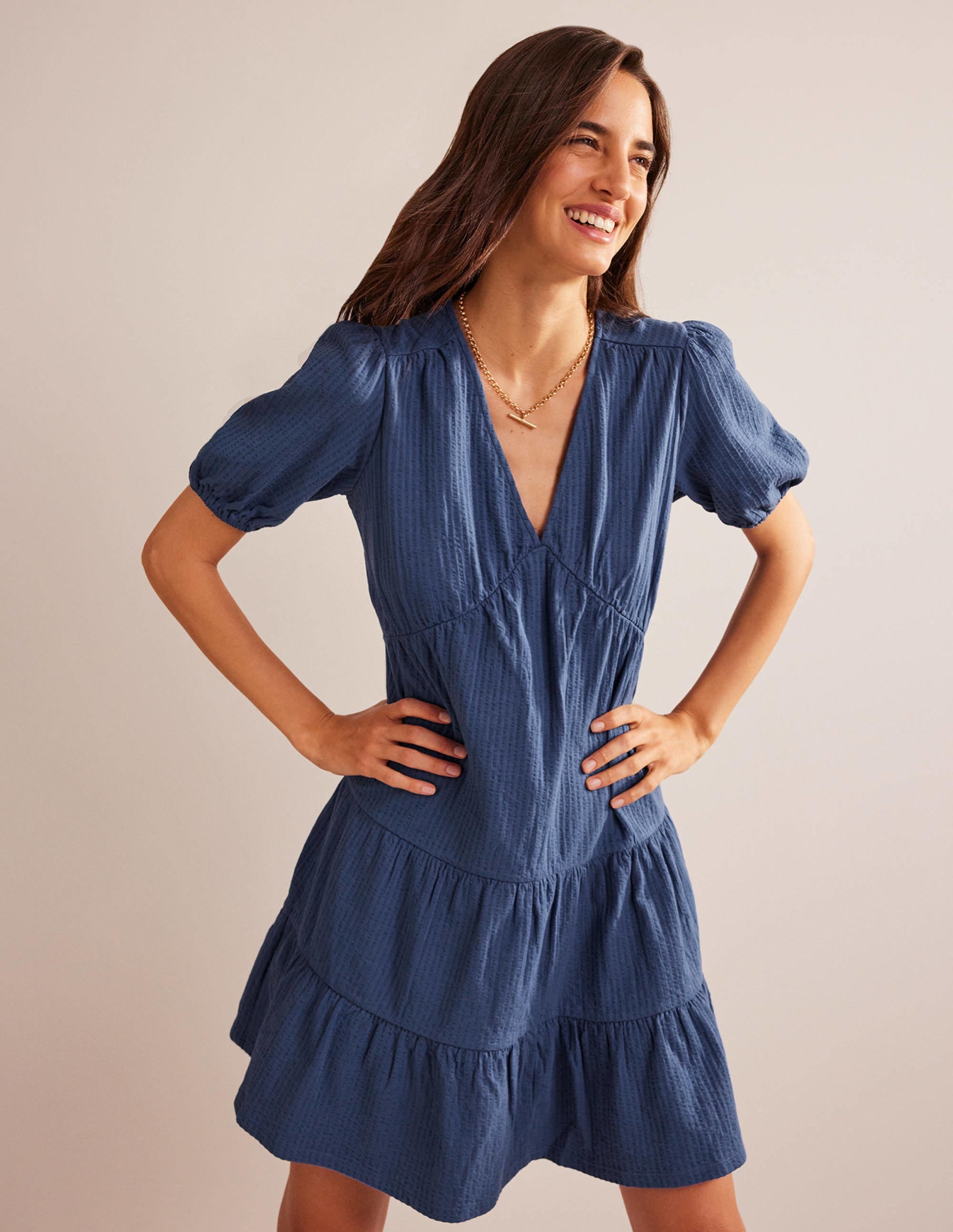 Jersey Seersucker Dress-True Navy - Image 1