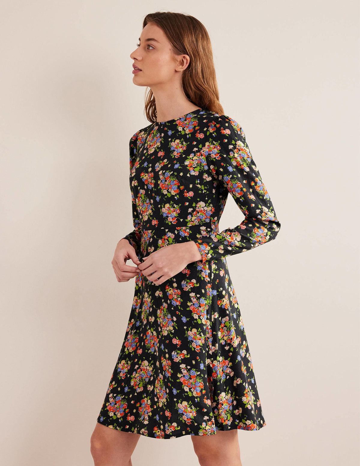 Crew Neck Fit-and-Flare Dress-Black, Wild Cluster - Image 1