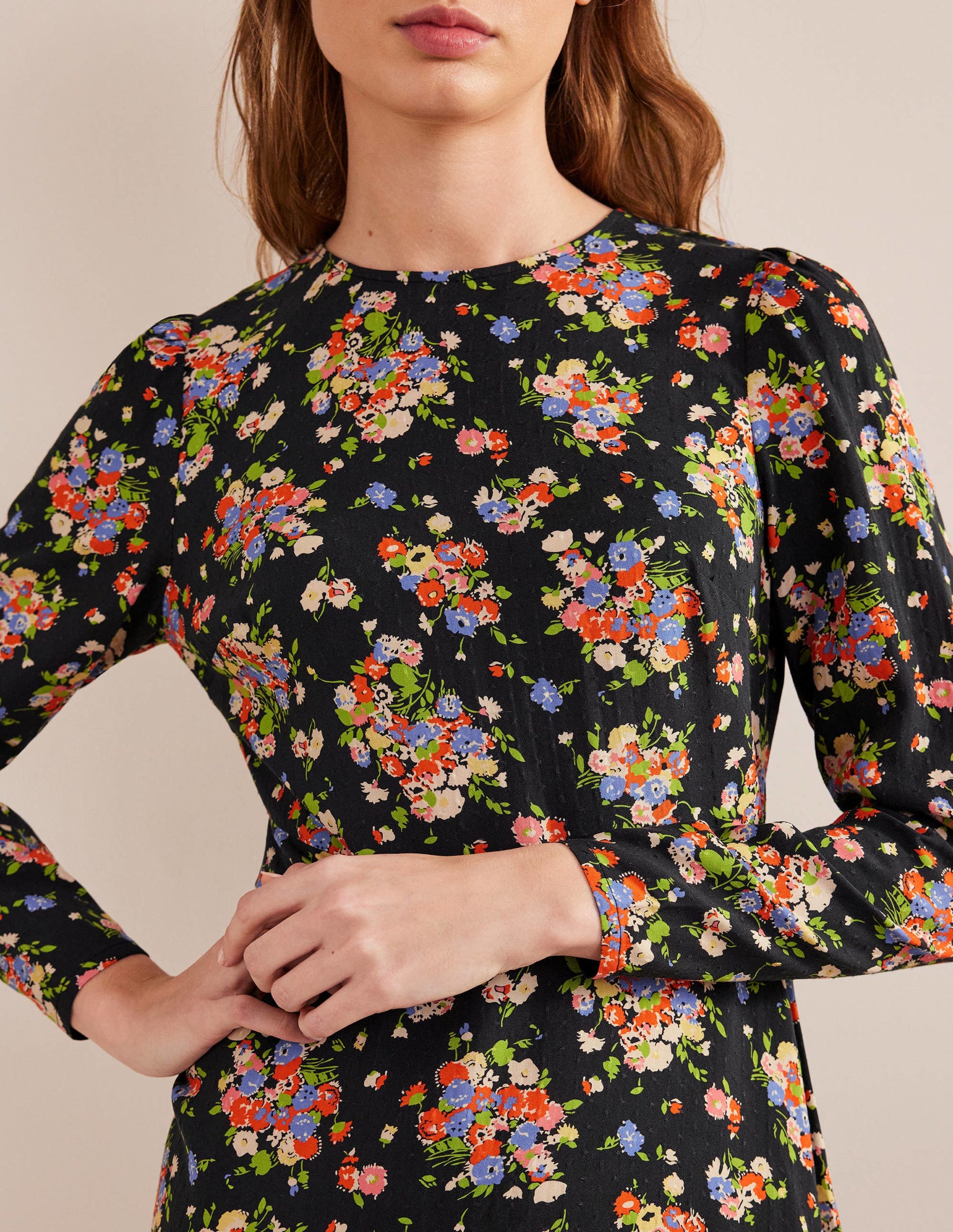 Crew Neck Fit-and-Flare Dress-Black, Wild Cluster-2