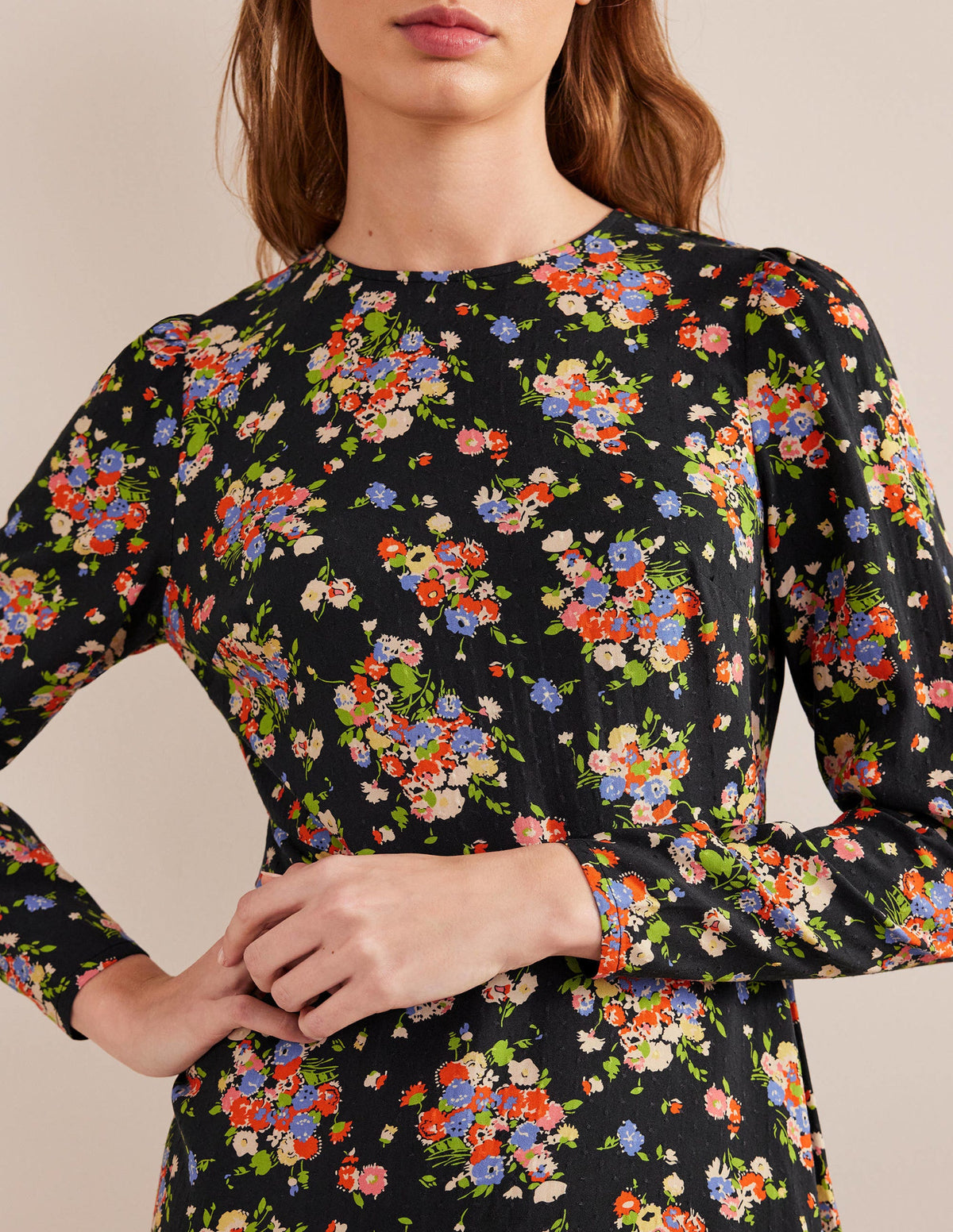 Crew Neck Fit-and-Flare Dress-Black, Wild Cluster - Image 2