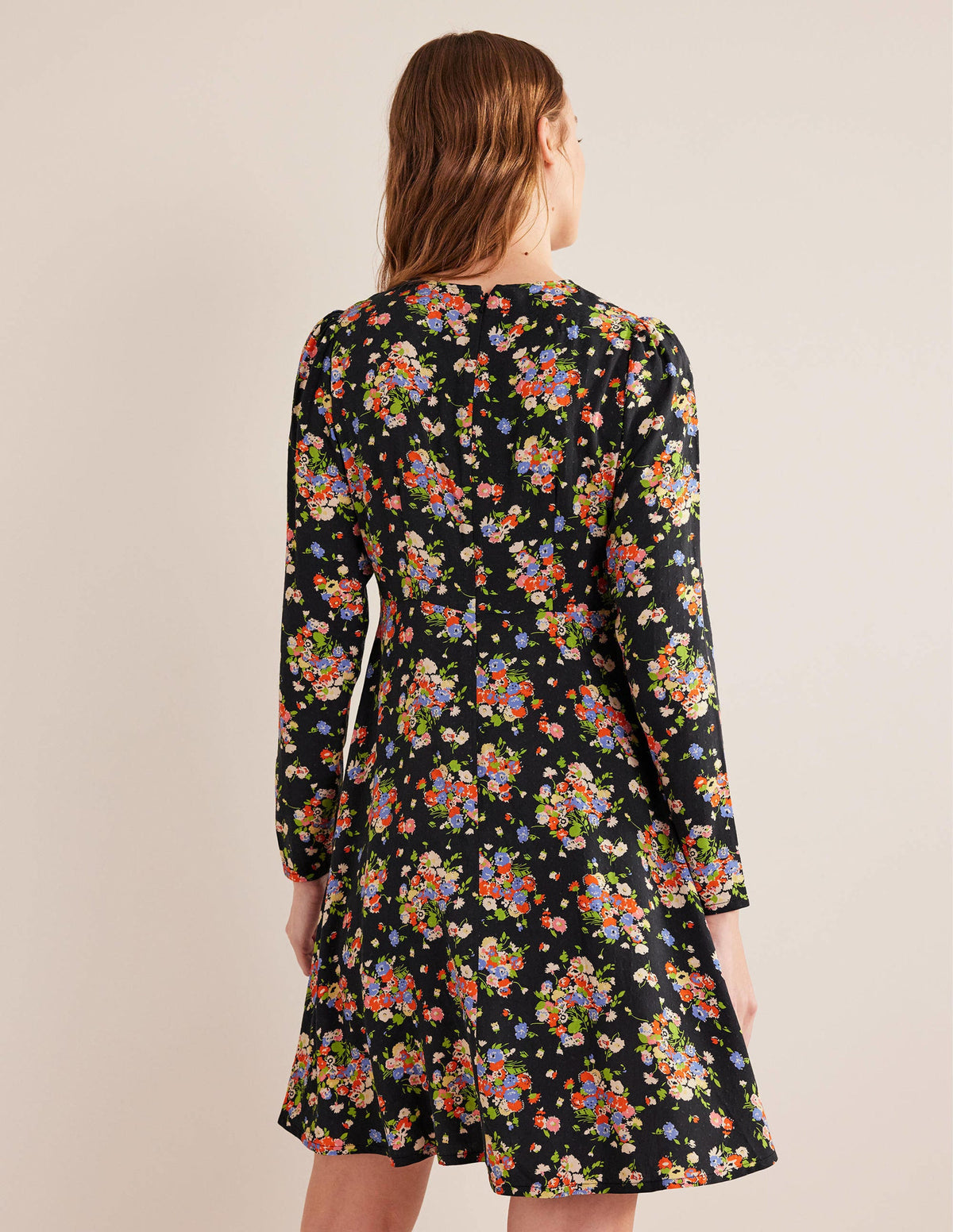 Crew Neck Fit-and-Flare Dress-Black, Wild Cluster - Image 3
