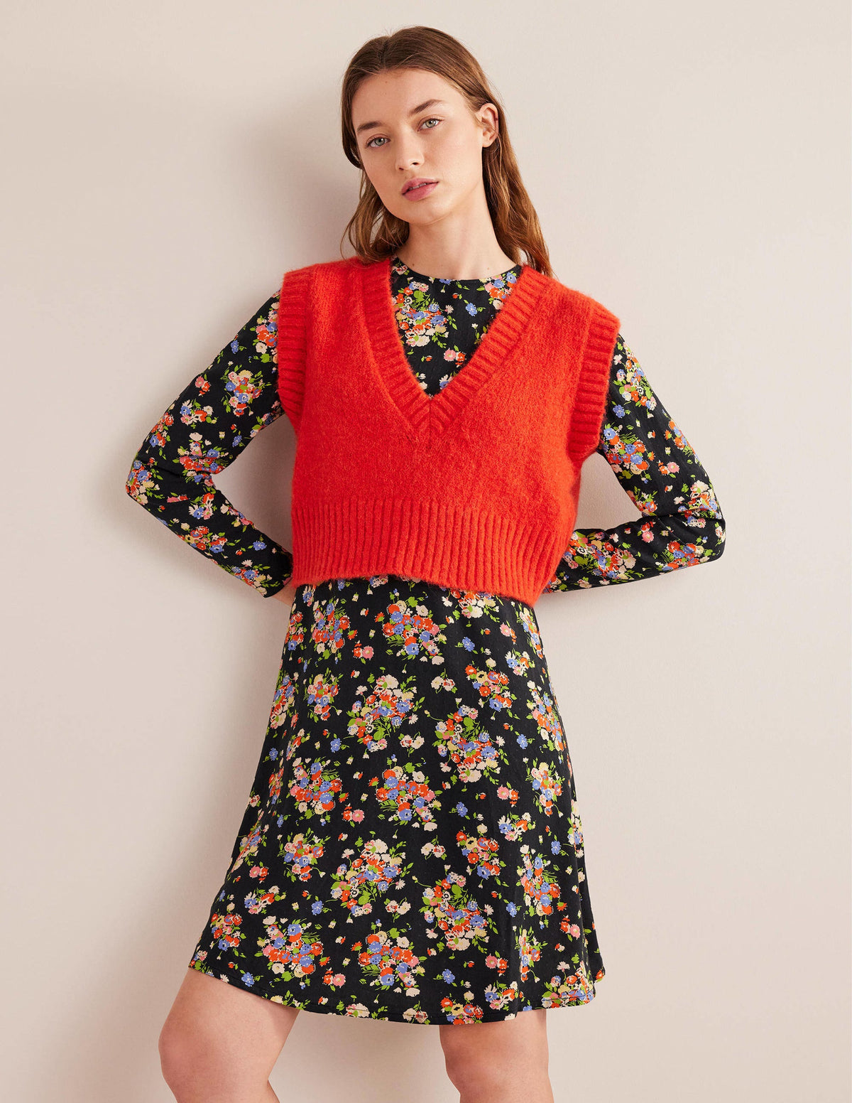 Crew Neck Fit-and-Flare Dress-Black, Wild Cluster - Image 4
