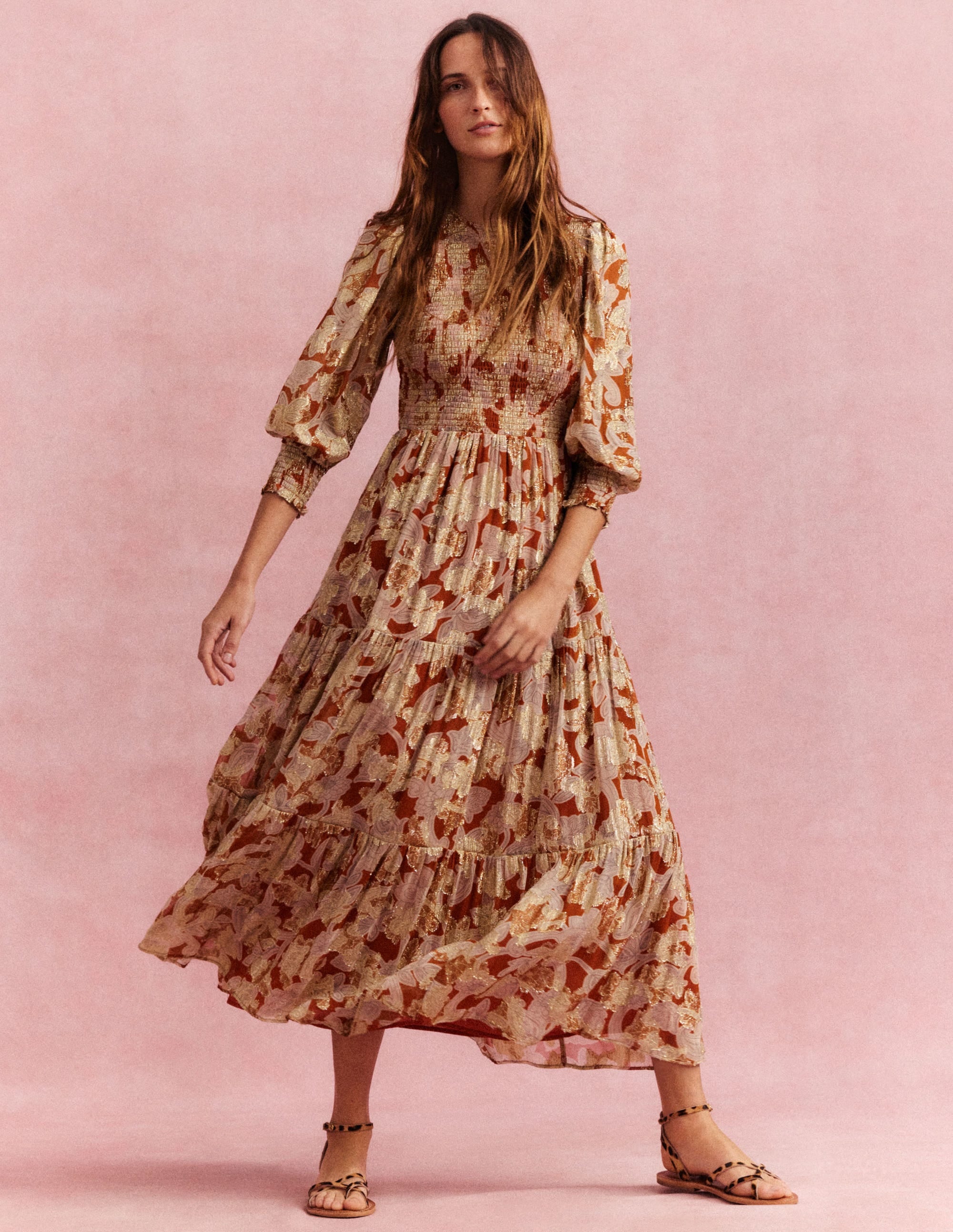 Smocked Metallic Maxi Dress-Rust, Paisley Whirl - Image 5