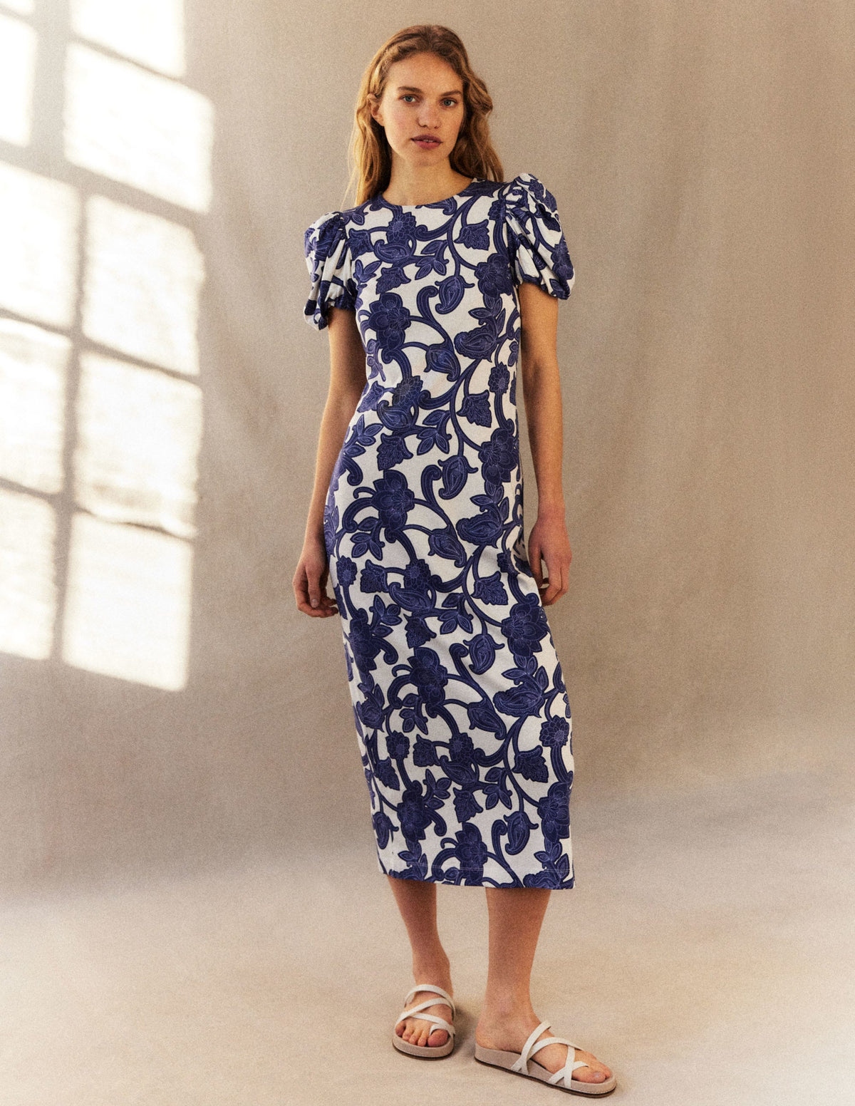 Puff Sleeve Jersey Midi Dress-Blue Ribbon, Paisley Whirl - Image 6