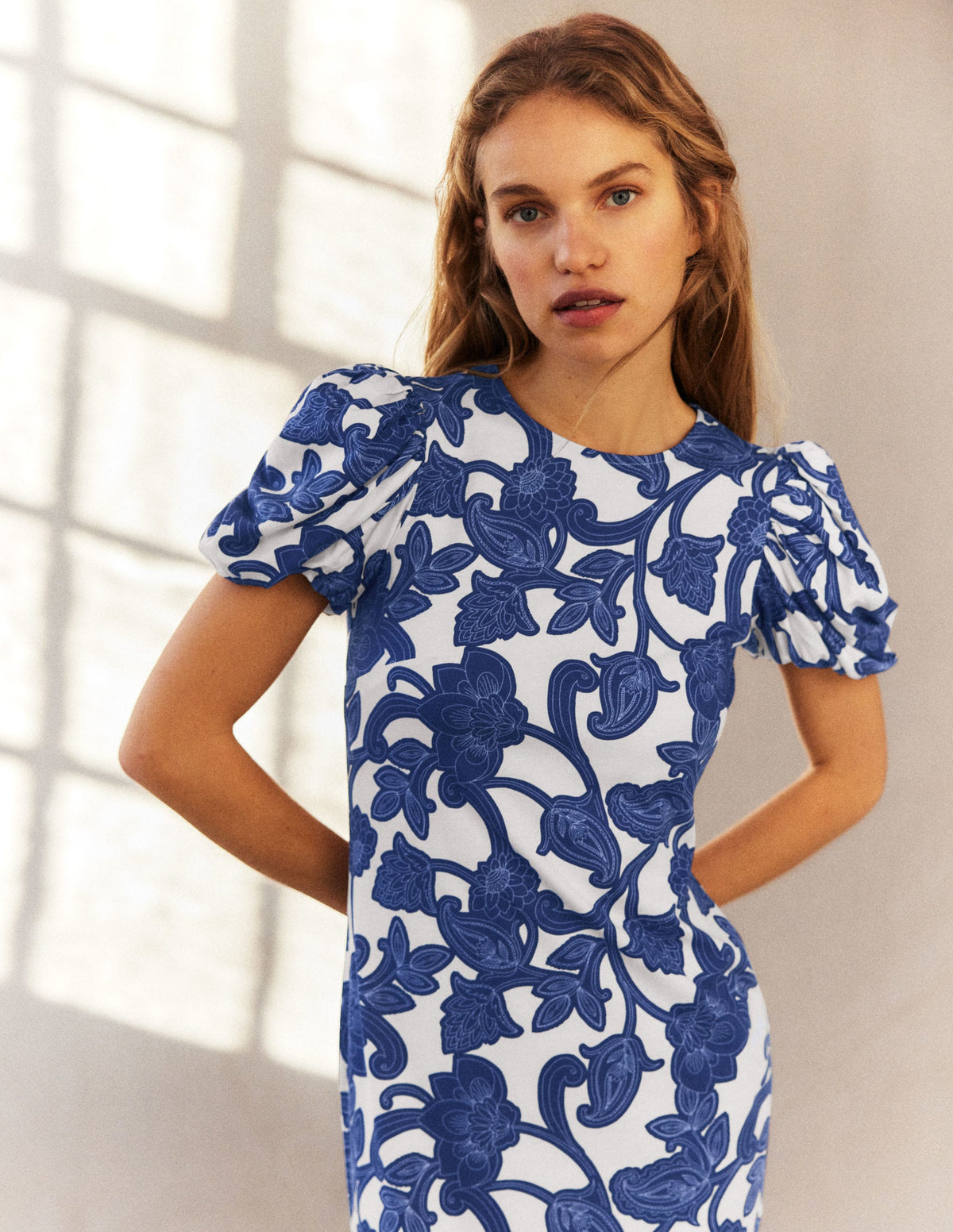 Puff Sleeve Jersey Midi Dress-Blue Ribbon, Paisley Whirl - Image 7