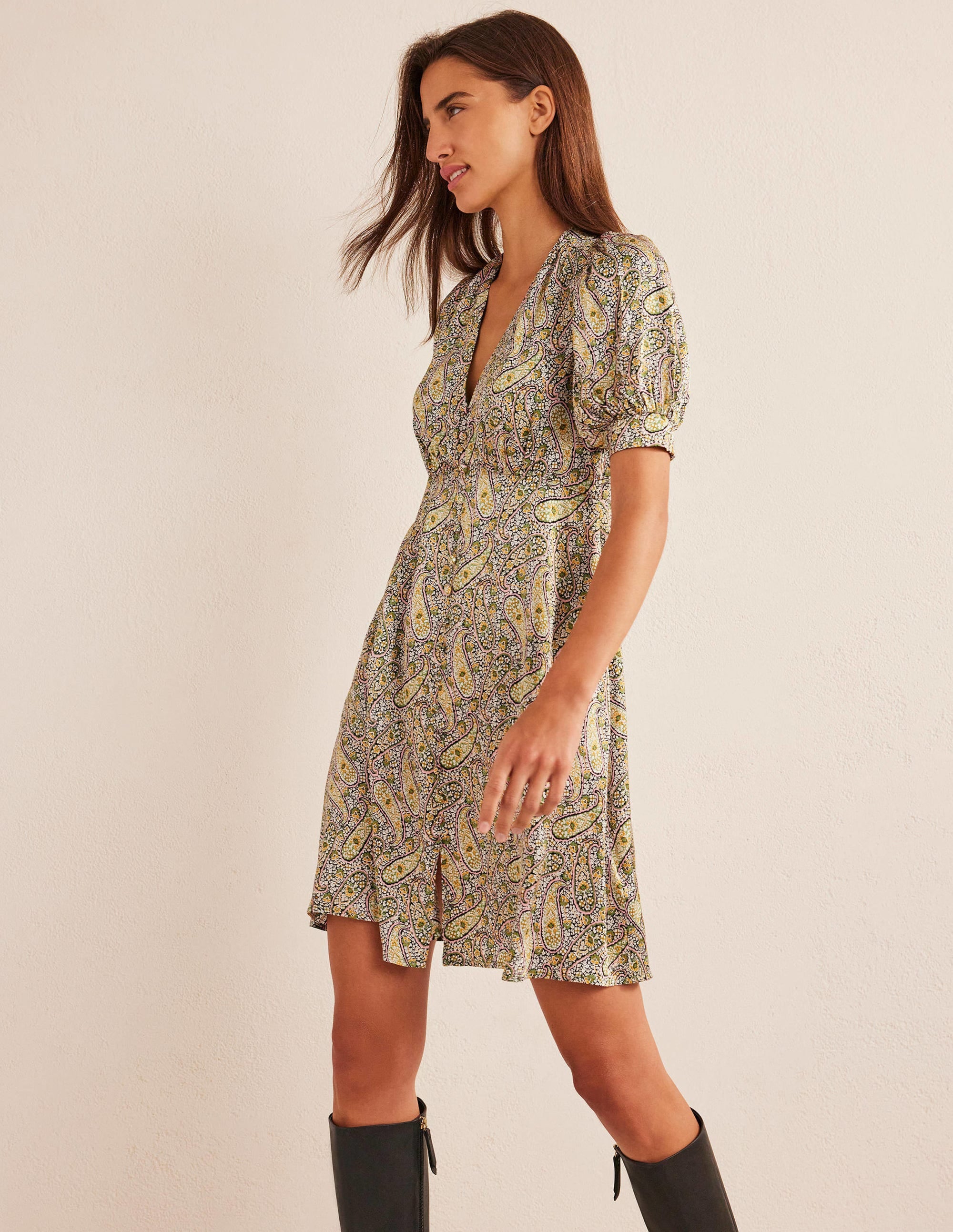 Satin Tea Dress-Park Ranger, Paisley Blooms - Image 1