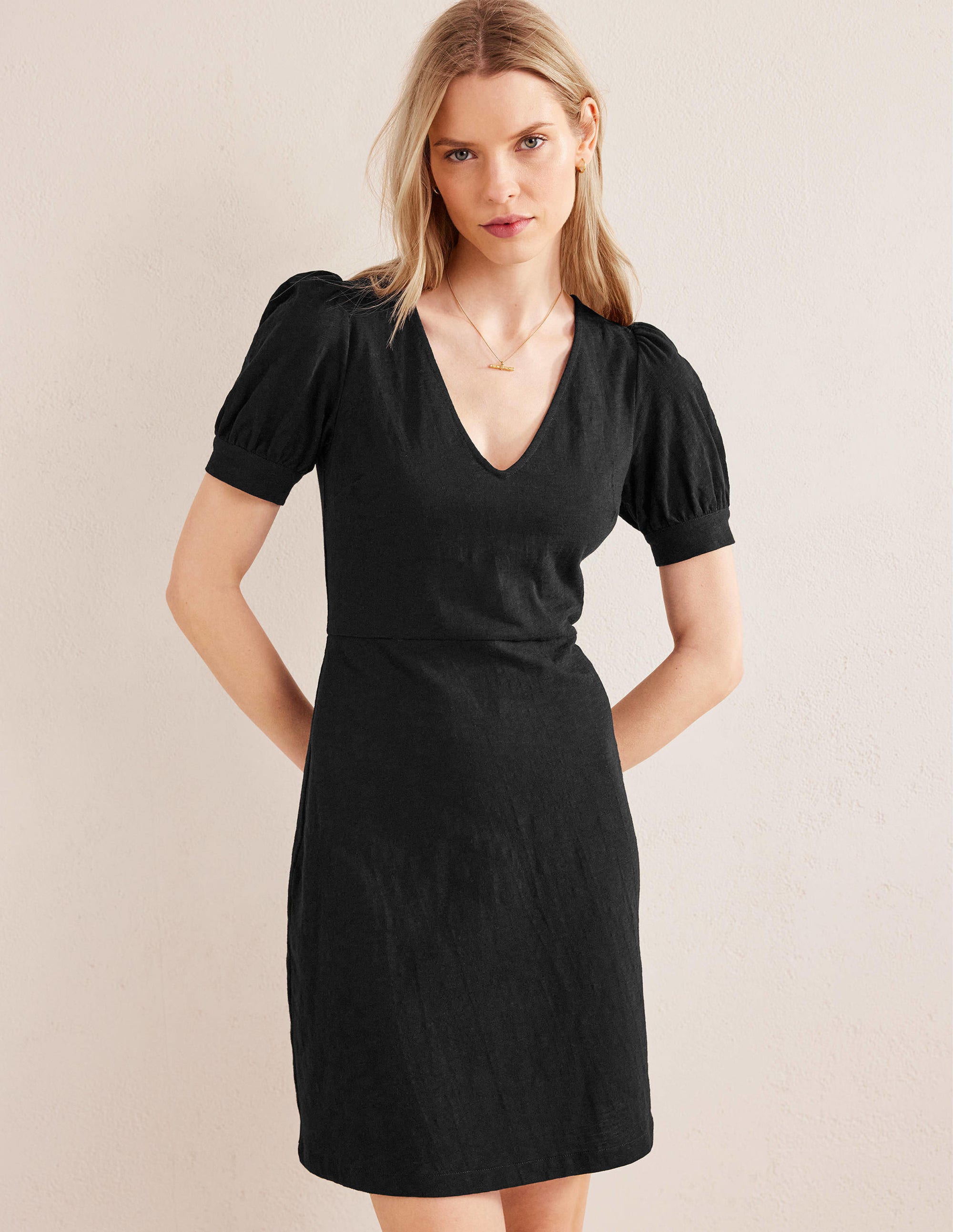 V-Neck Jersey Mini Dress-Black - Image 1