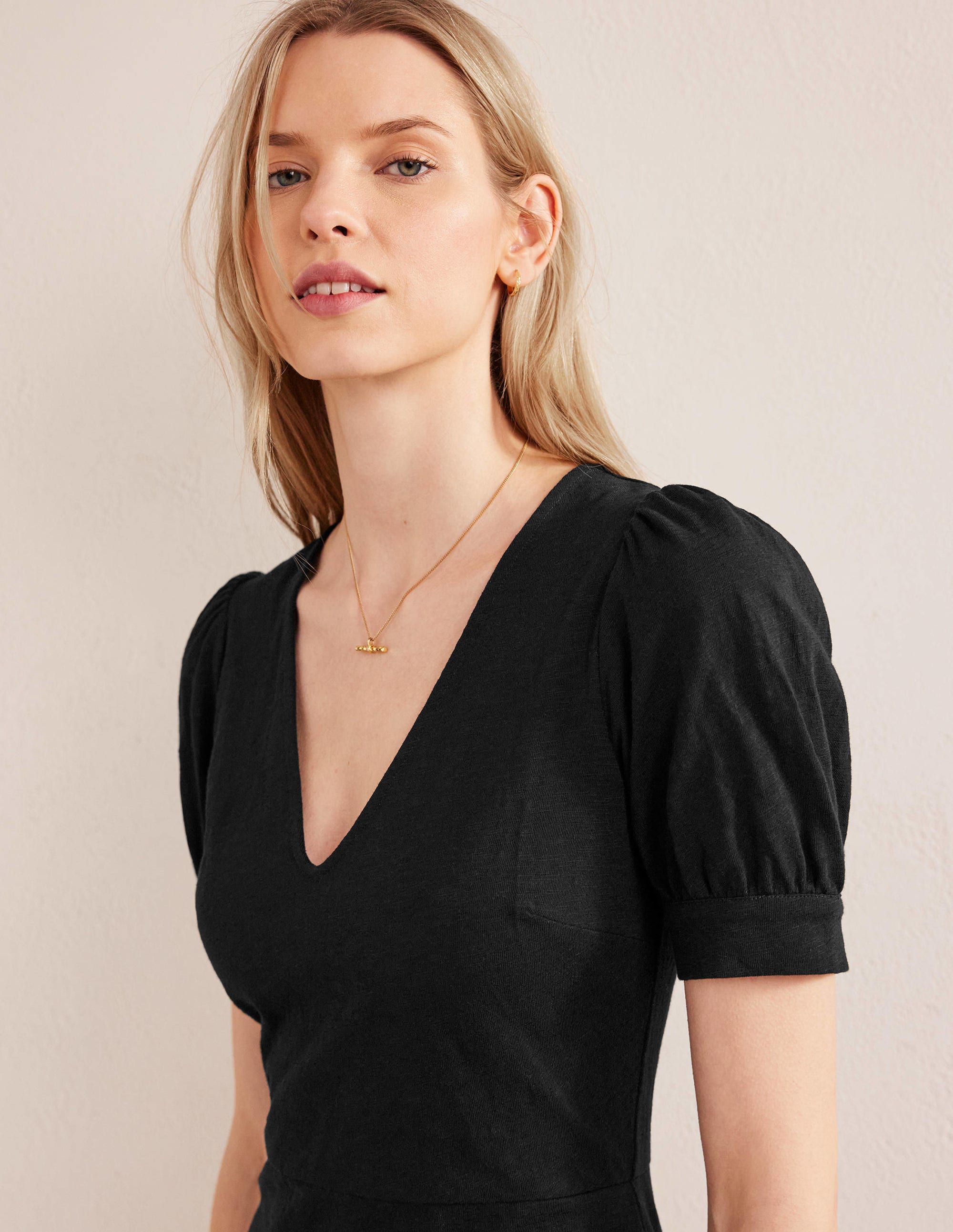 V-Neck Jersey Mini Dress-Black - Image 2