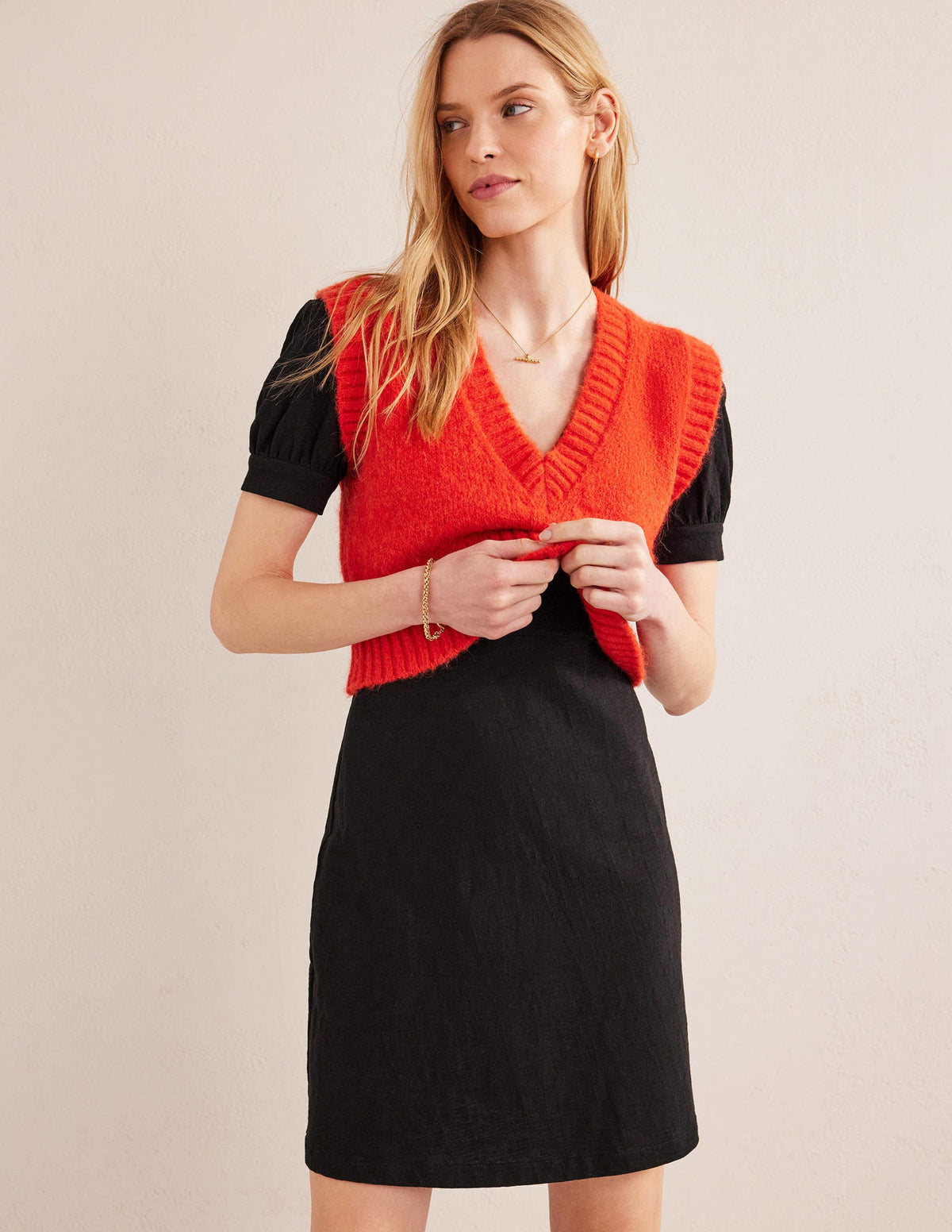 V-Neck Jersey Mini Dress-Black-4