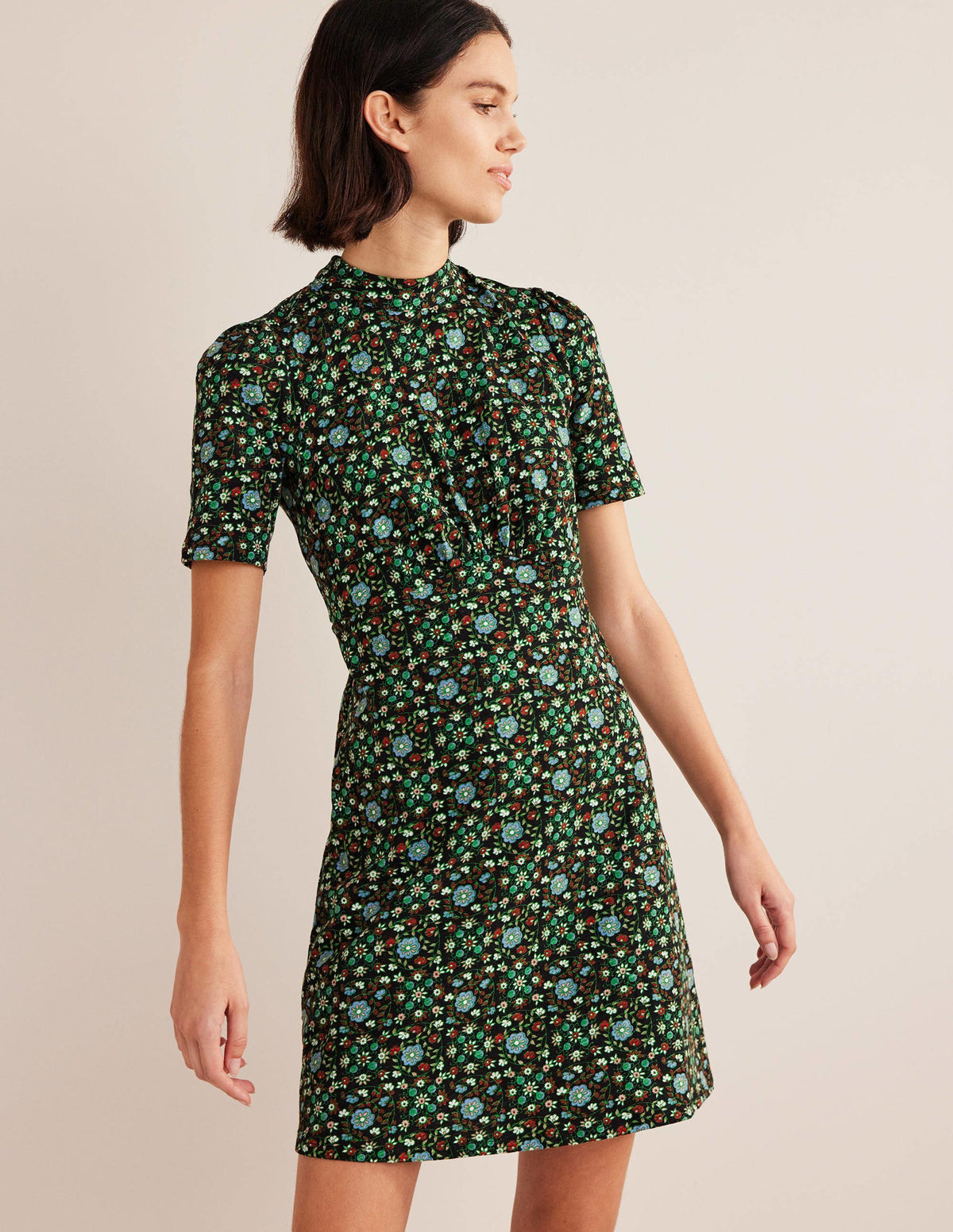 Jersey Mini Dress-Black, Gardenia Swirl-1