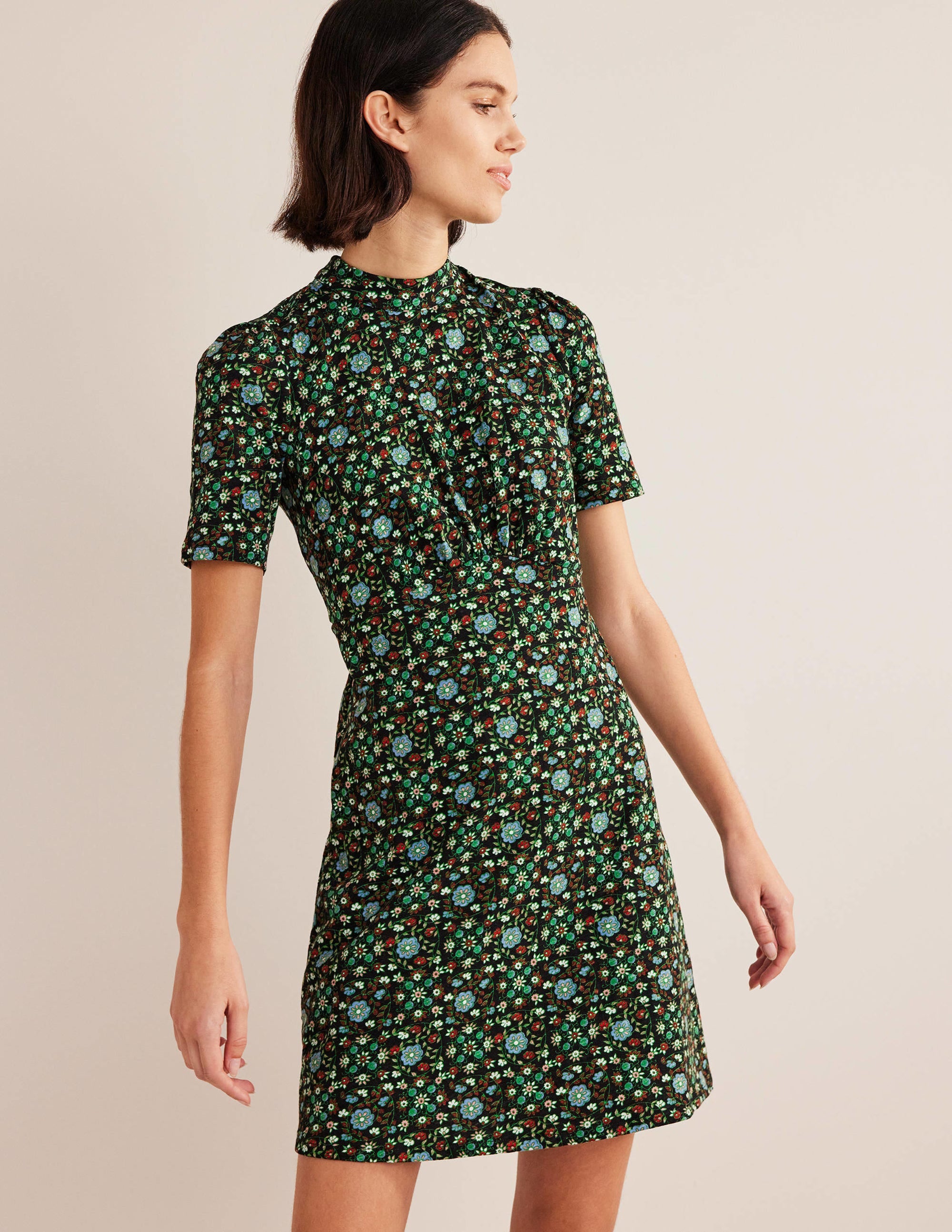Jersey Mini Dress-Black, Gardenia Swirl - Image 1