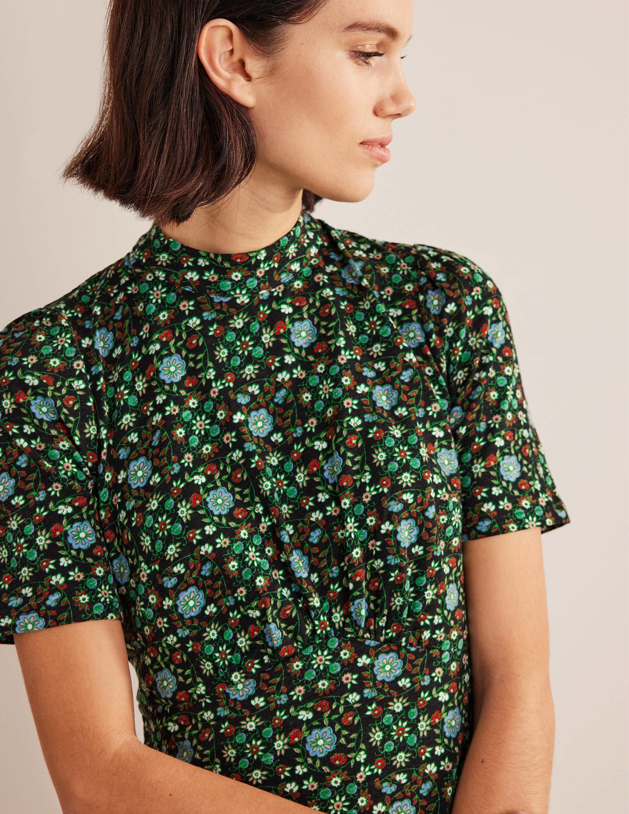 Jersey Mini Dress-Black, Gardenia Swirl - Image 2