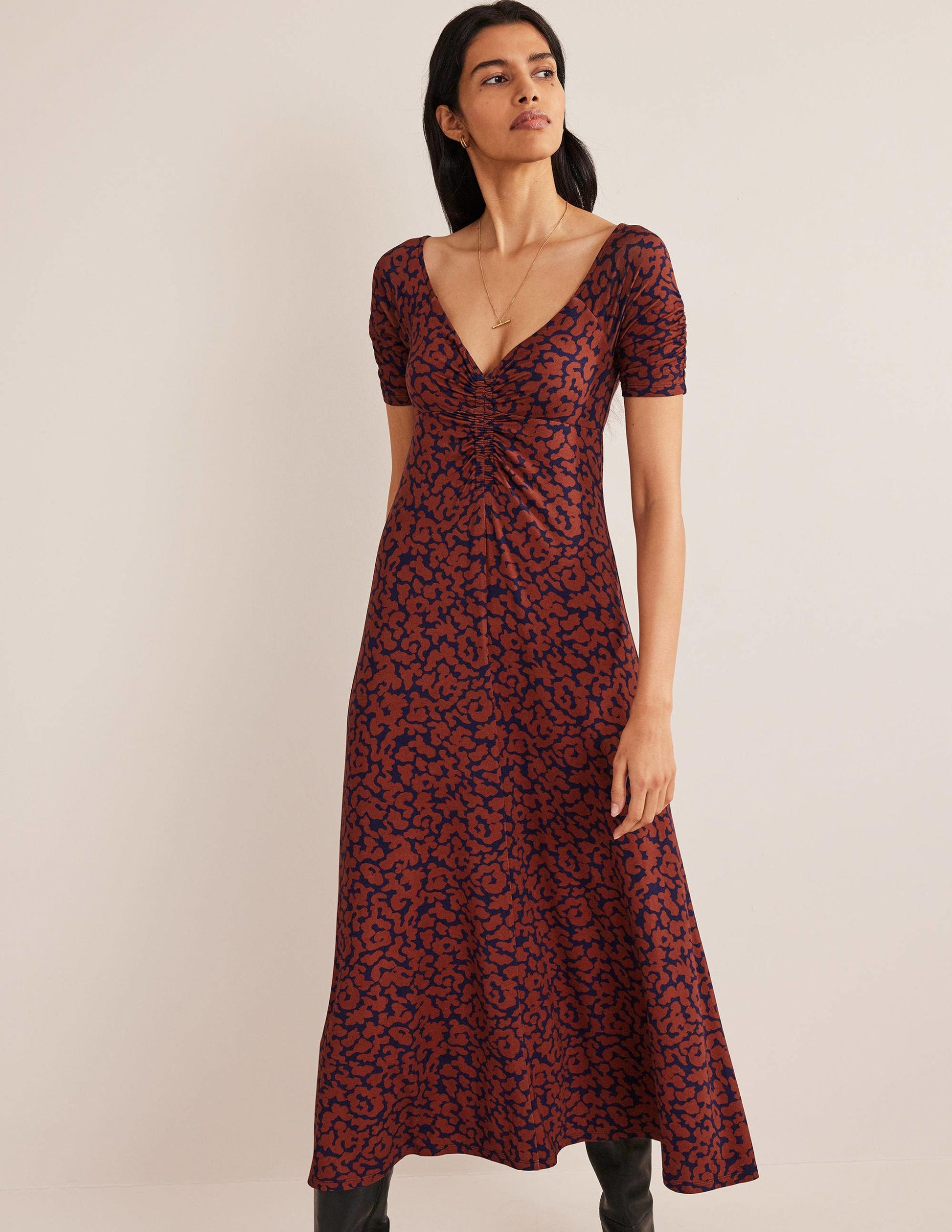 Ruched Front Jersey Midi Dress-Spiced Apple, Abstract Camo-1