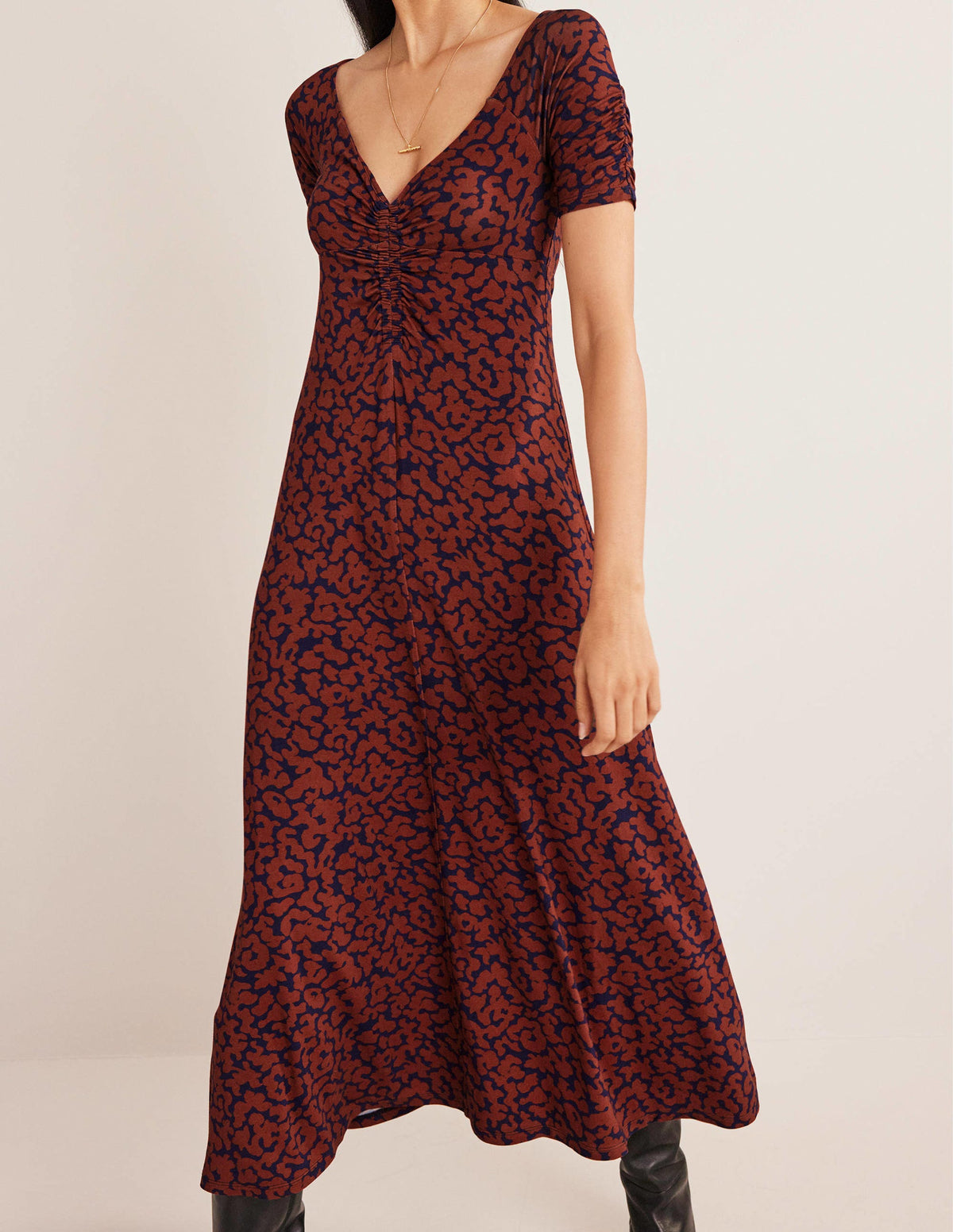 Ruched Front Jersey Midi Dress-Spiced Apple, Abstract Camo-4