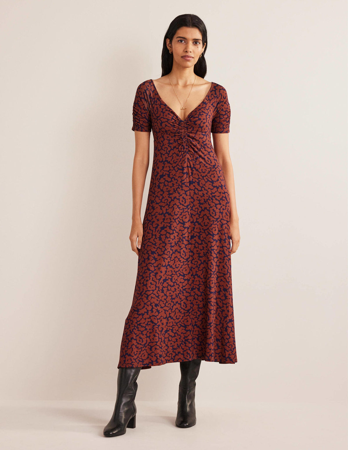 Ruched Front Jersey Midi Dress-Spiced Apple, Abstract Camo - Image 5