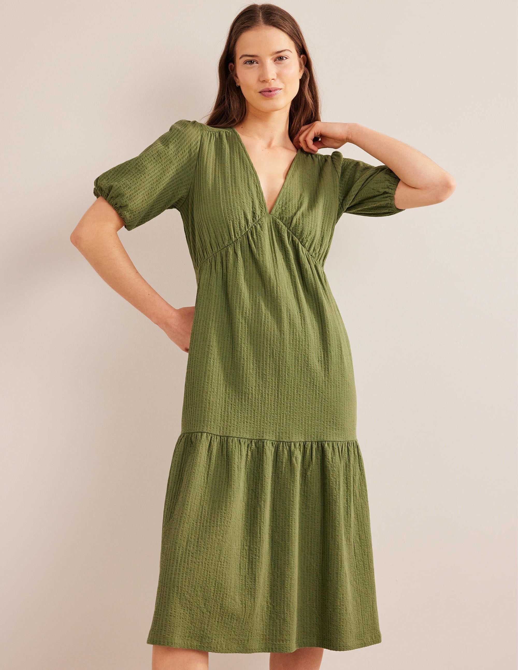 Jersey Seersucker Midi Dress-Washed Khaki - Image 1