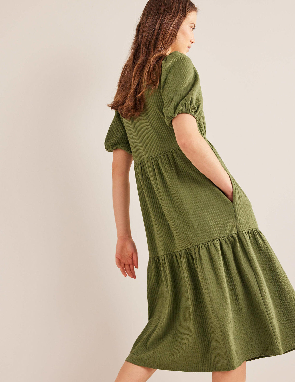 Jersey Seersucker Midi Dress-Washed Khaki-4