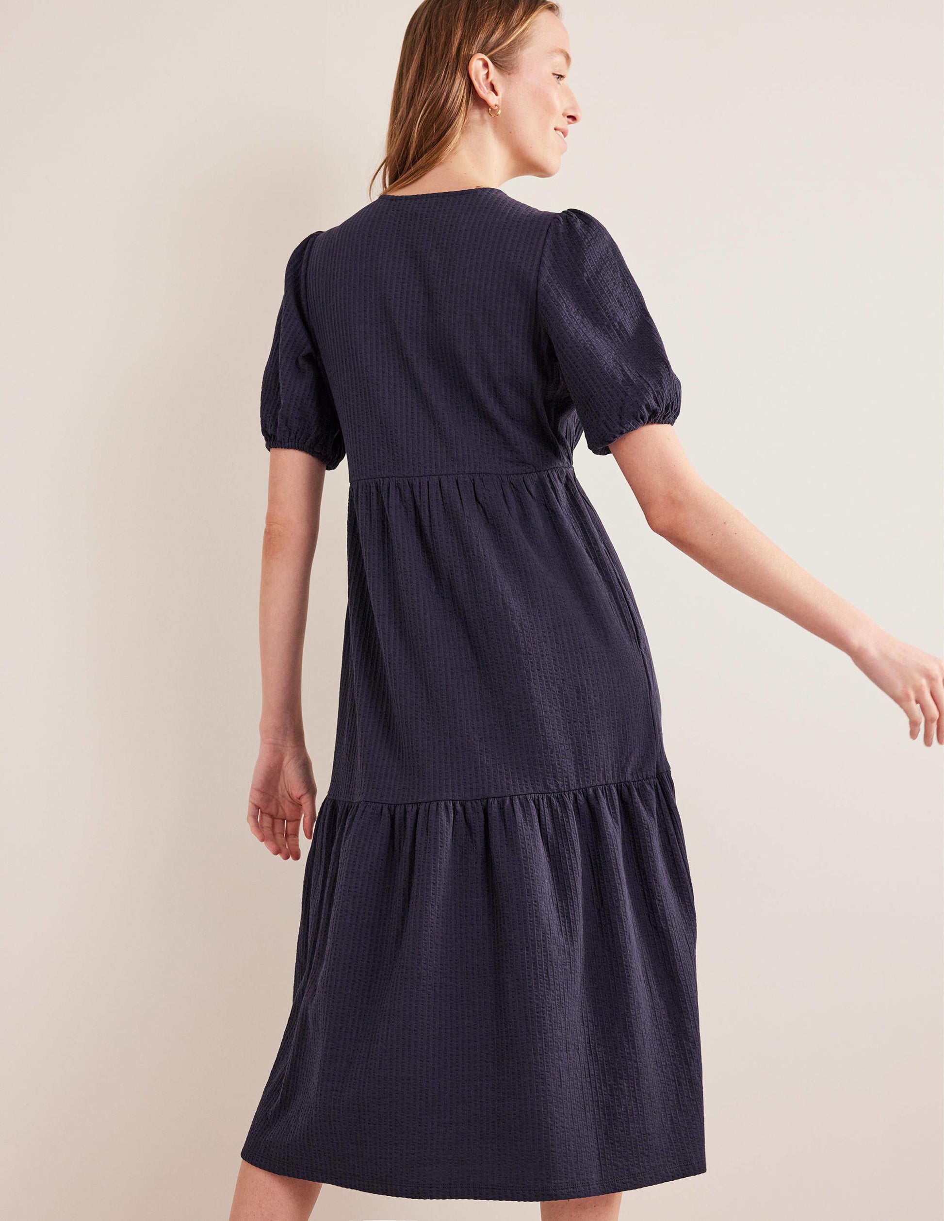 Jersey Seersucker Midi Dress-Navy-3