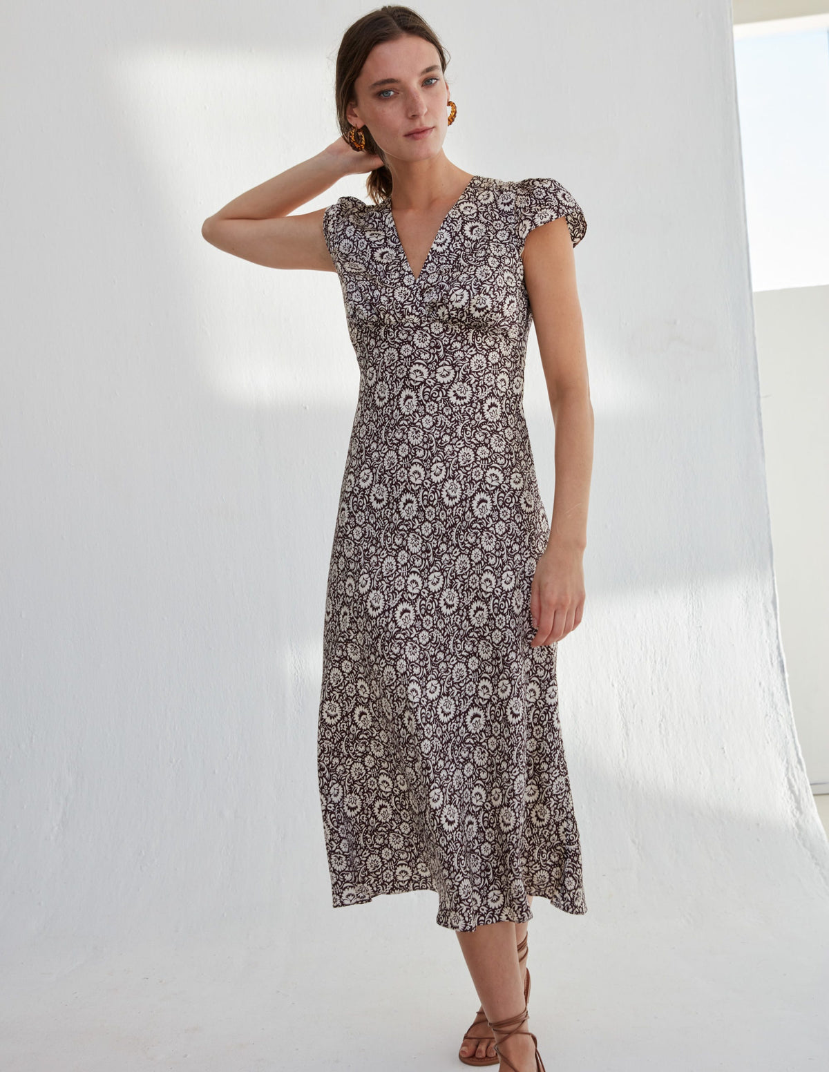 Satin Empire Midi Tea Dress-Dark Burgundy, Bloom Cascade - Image 5