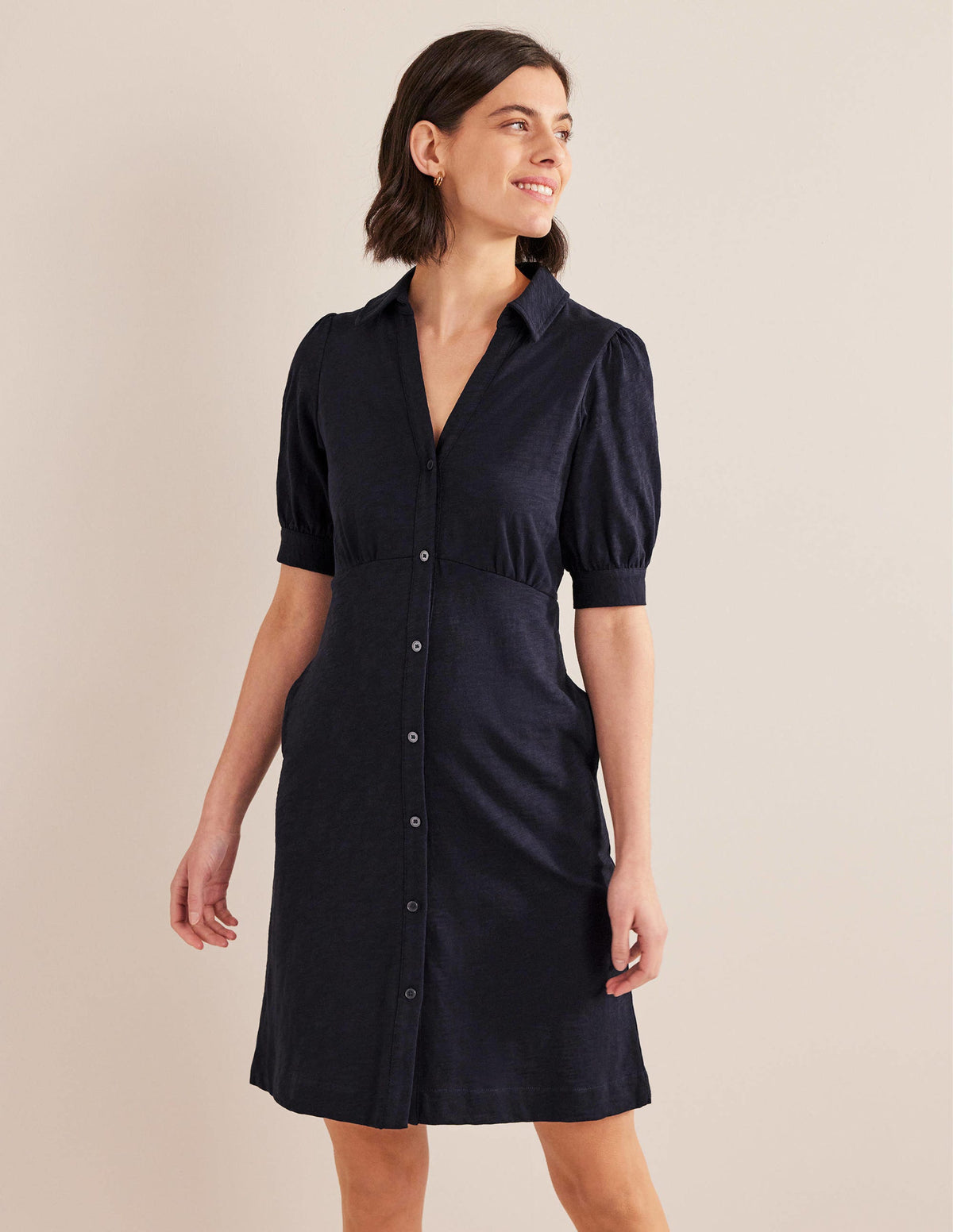 Button Jersey Mini Tea Dress-Navy - Image 1