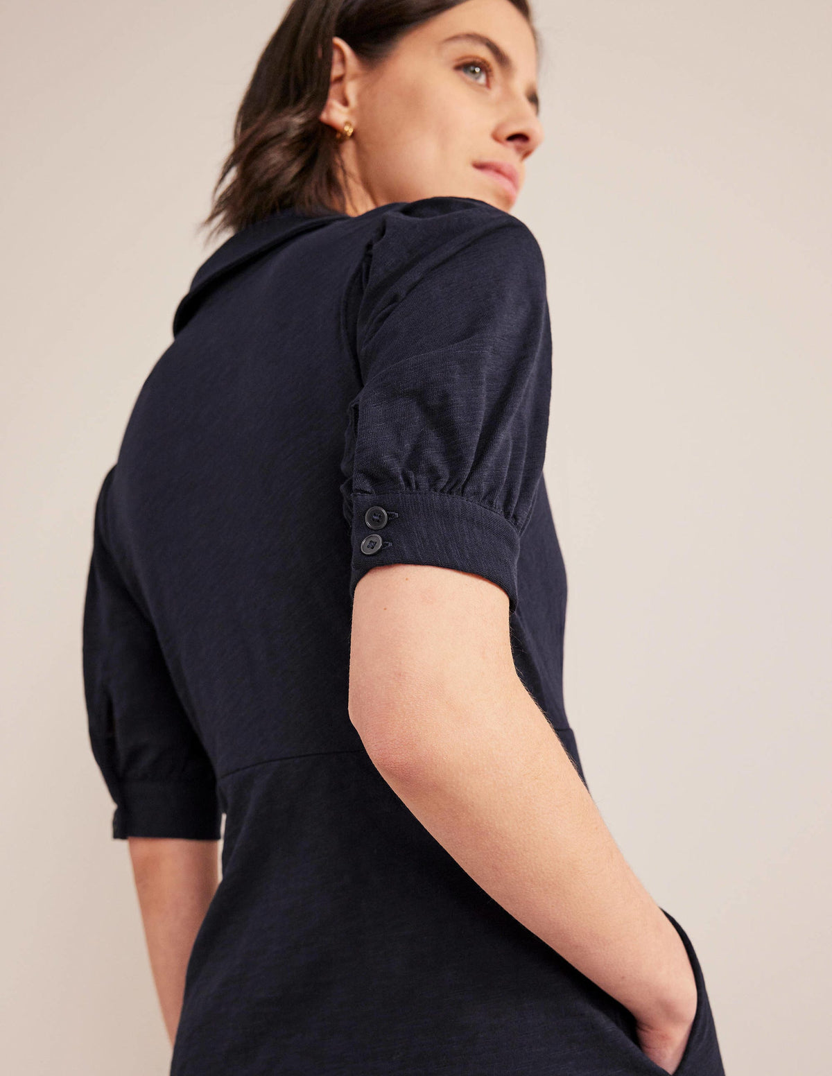 Button Jersey Mini Tea Dress-Navy-2