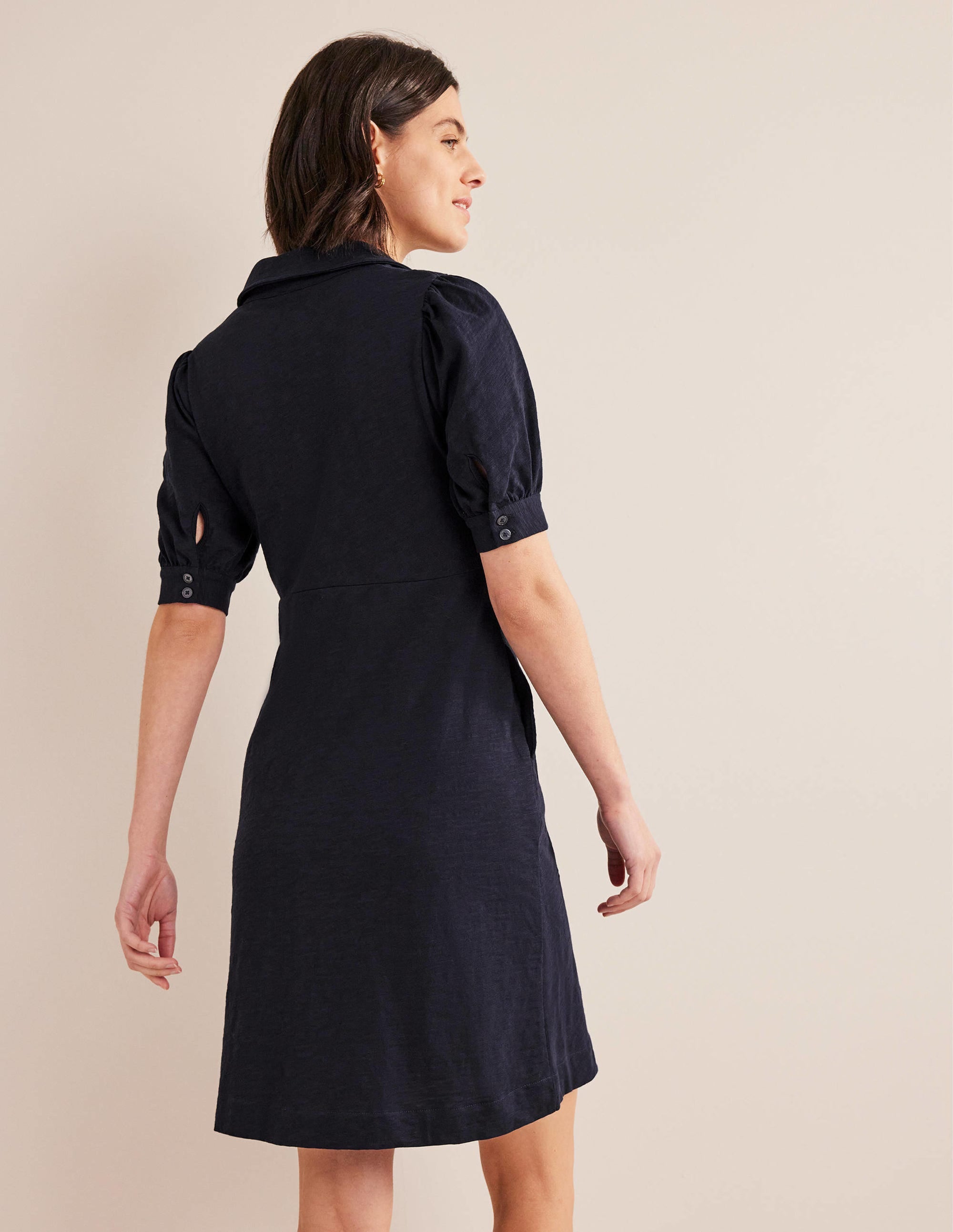 Button Jersey Mini Tea Dress-Navy - Image 3
