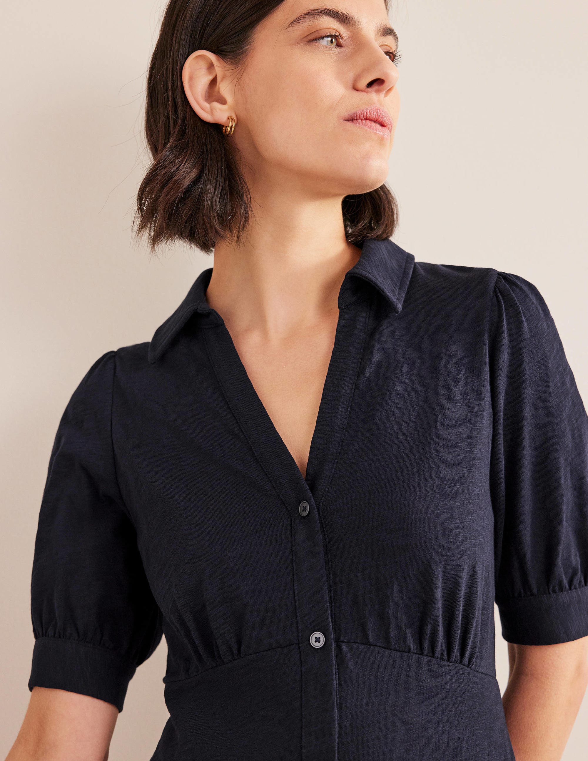 Button Jersey Mini Tea Dress-Navy - Image 4