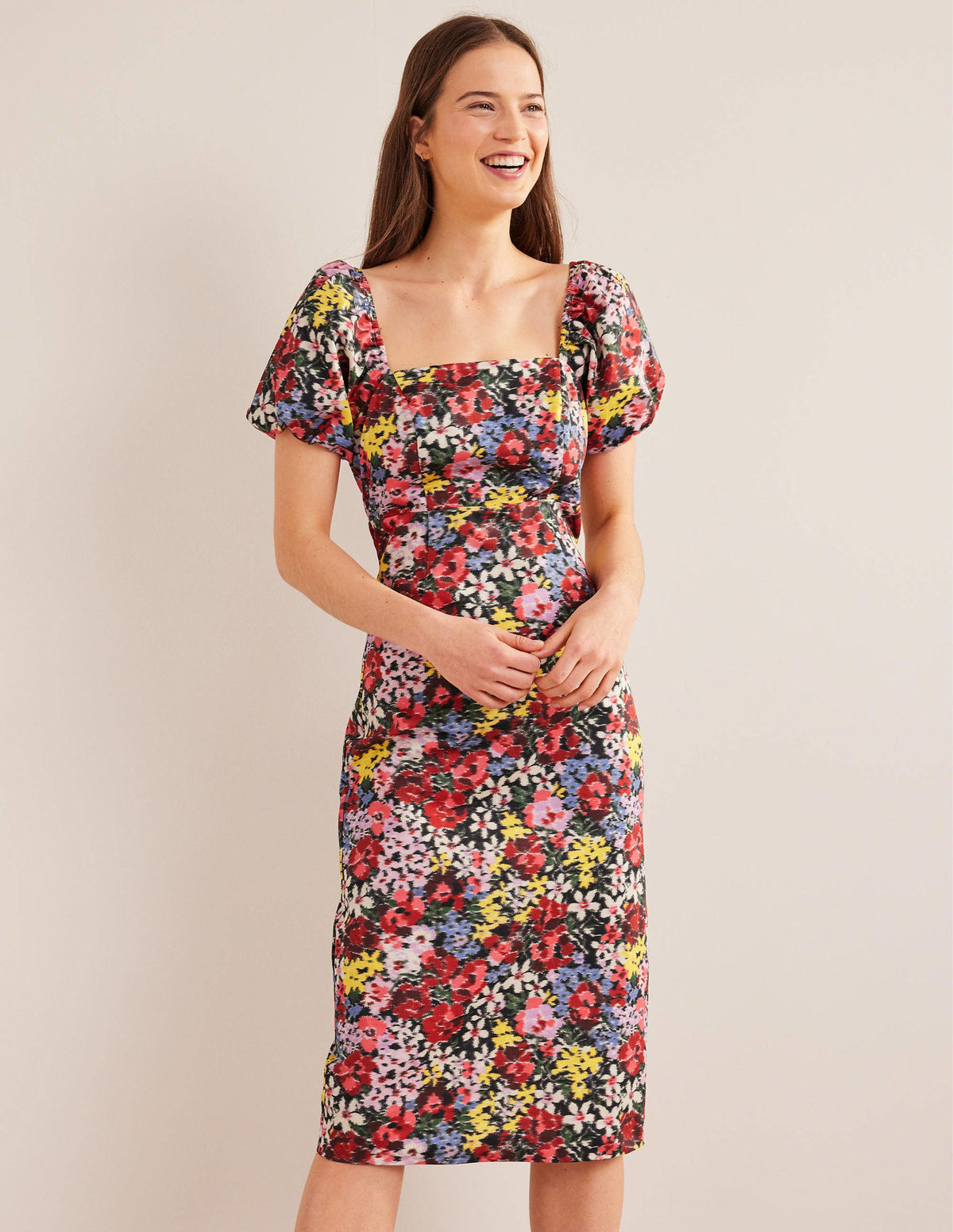 Puff Sleeve Column Midi Dress-Multi, Moire Bloom-1