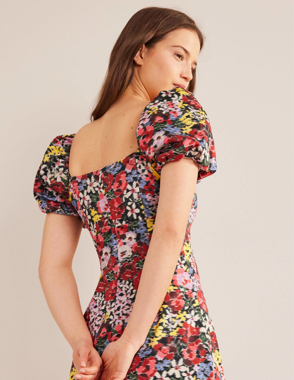 Puff Sleeve Column Midi Dress-Multi, Moire Bloom - Image 2