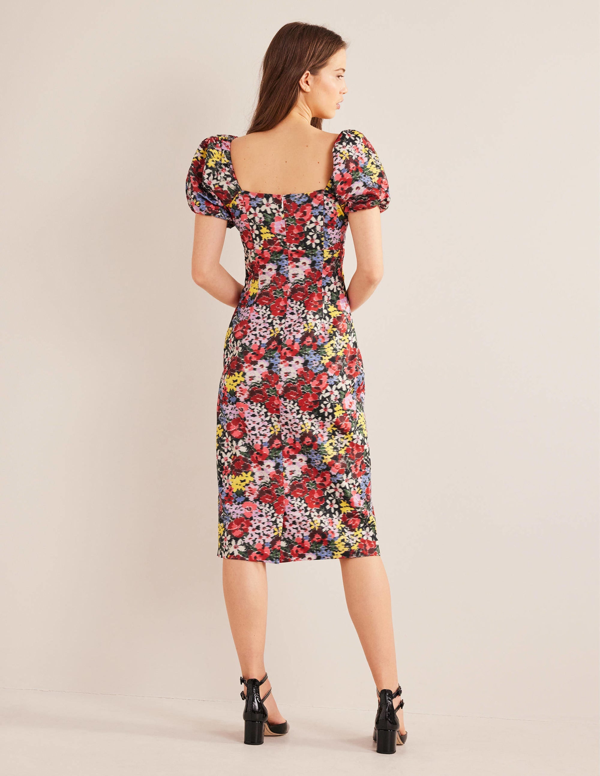 Puff Sleeve Column Midi Dress-Multi, Moire Bloom - Image 3