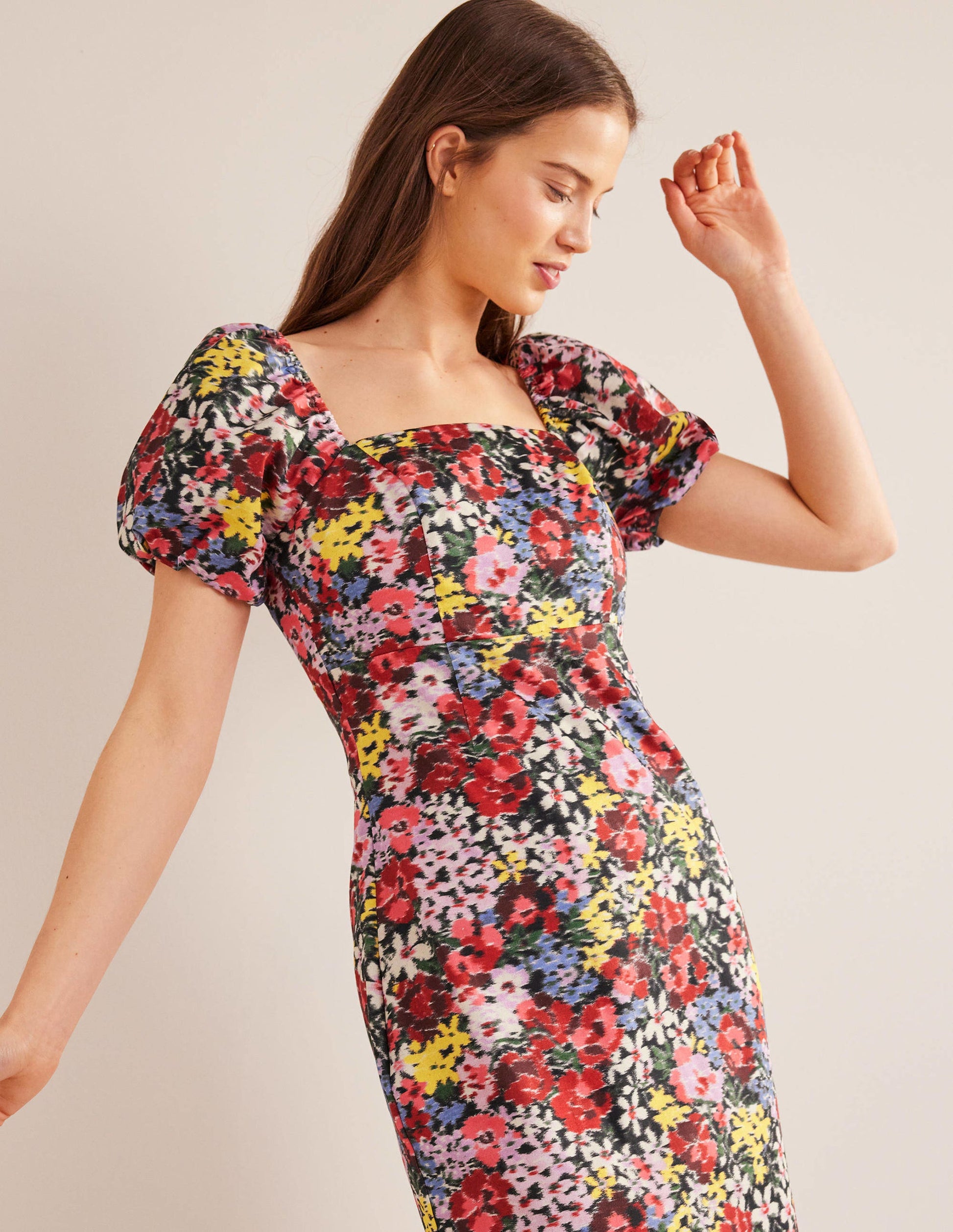 Puff Sleeve Column Midi Dress-Multi, Moire Bloom-4
