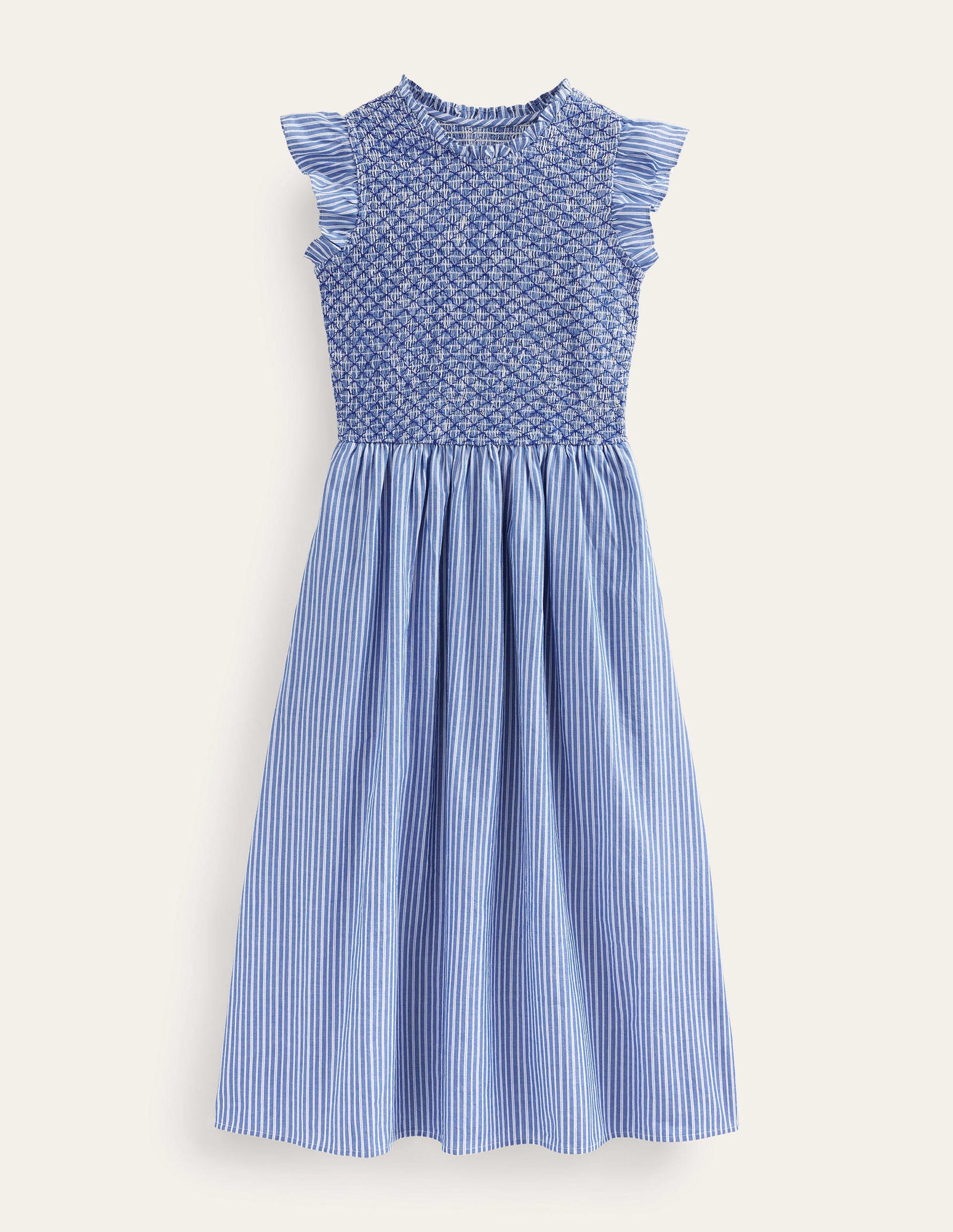 Smocked Stripe Midi Dress-Mid Blue, Leno Stripe-5