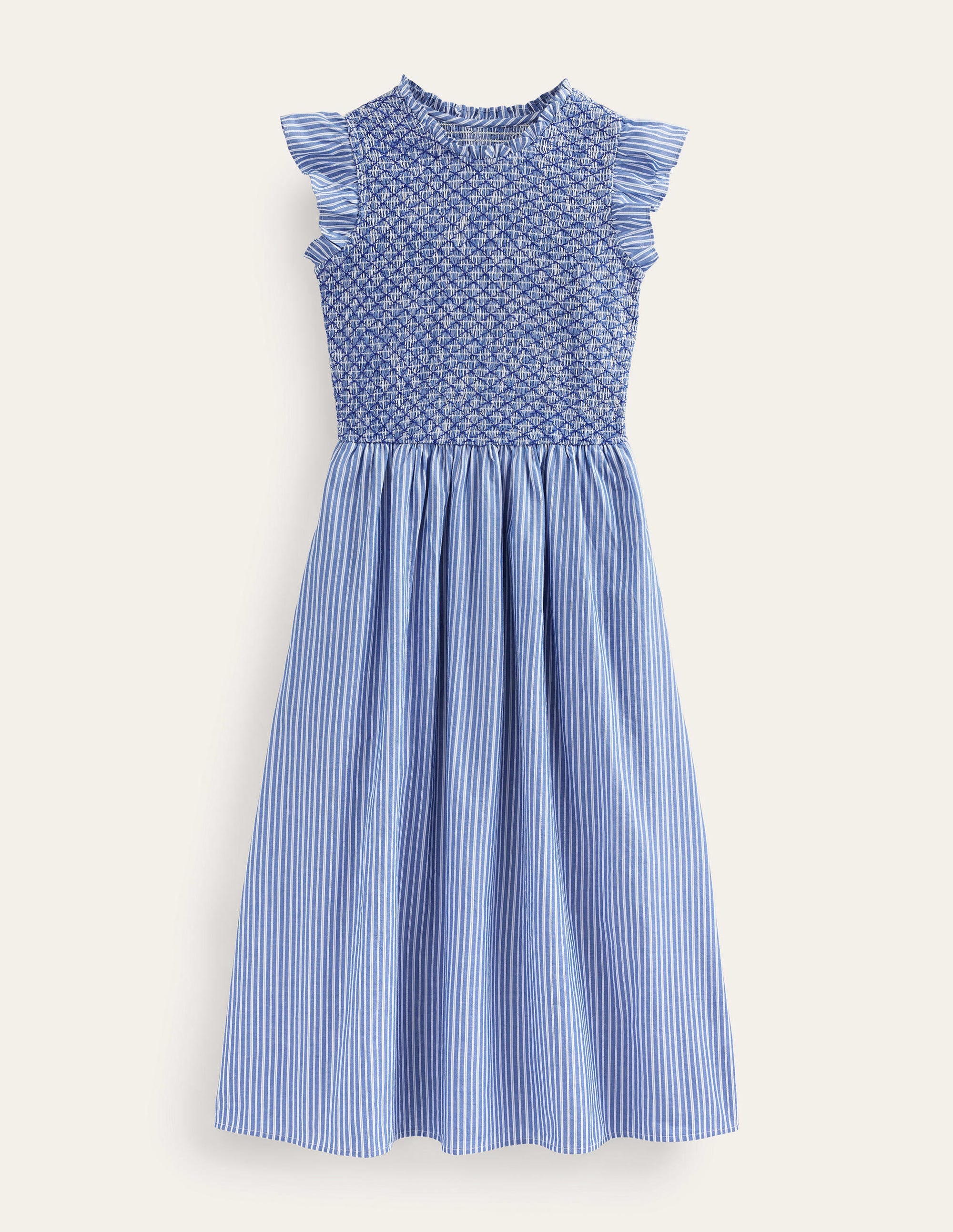 Smocked Stripe Midi Dress-Mid Blue, Leno Stripe - Image 5