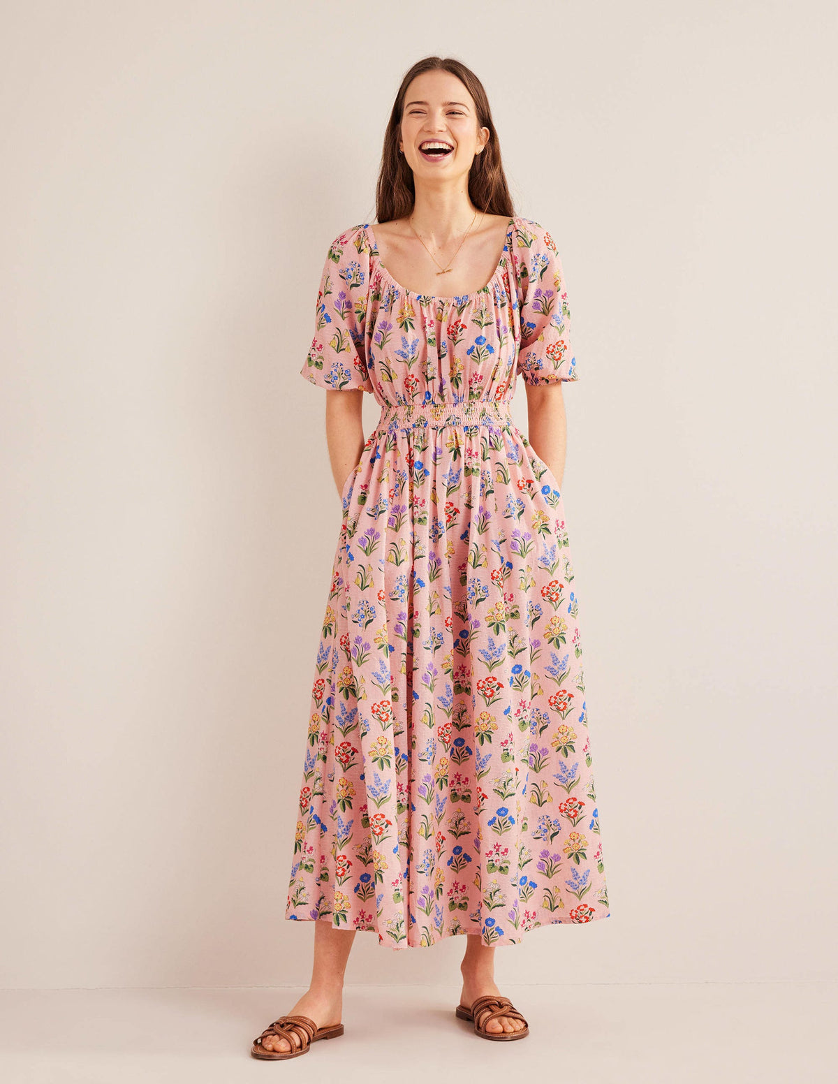 Scoop Neck Midi Dress-Dusty Pink, Spring Garden - Image 1
