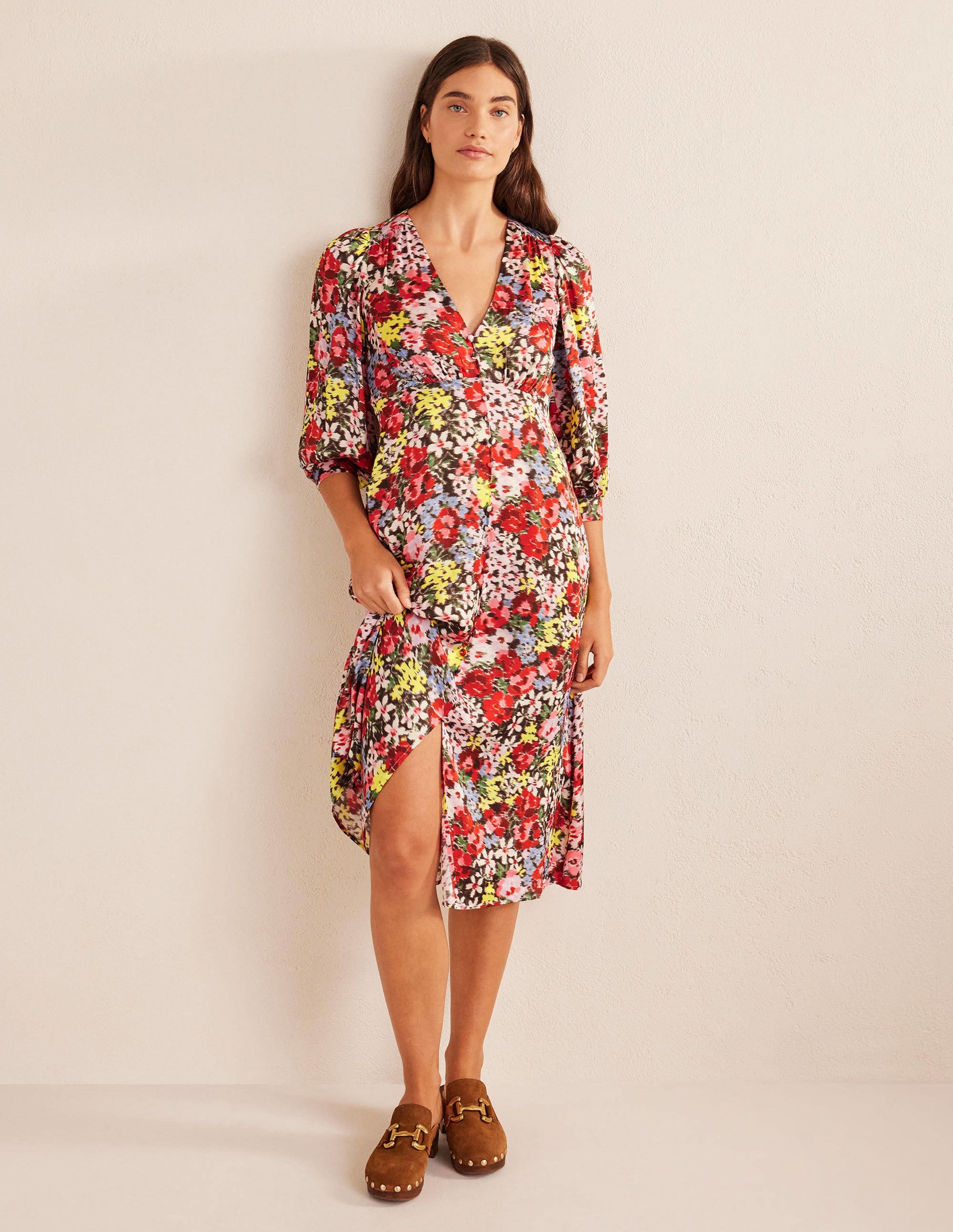 Button Detail Satin Tea Dress-Multi, Moire Bloom - Image 1