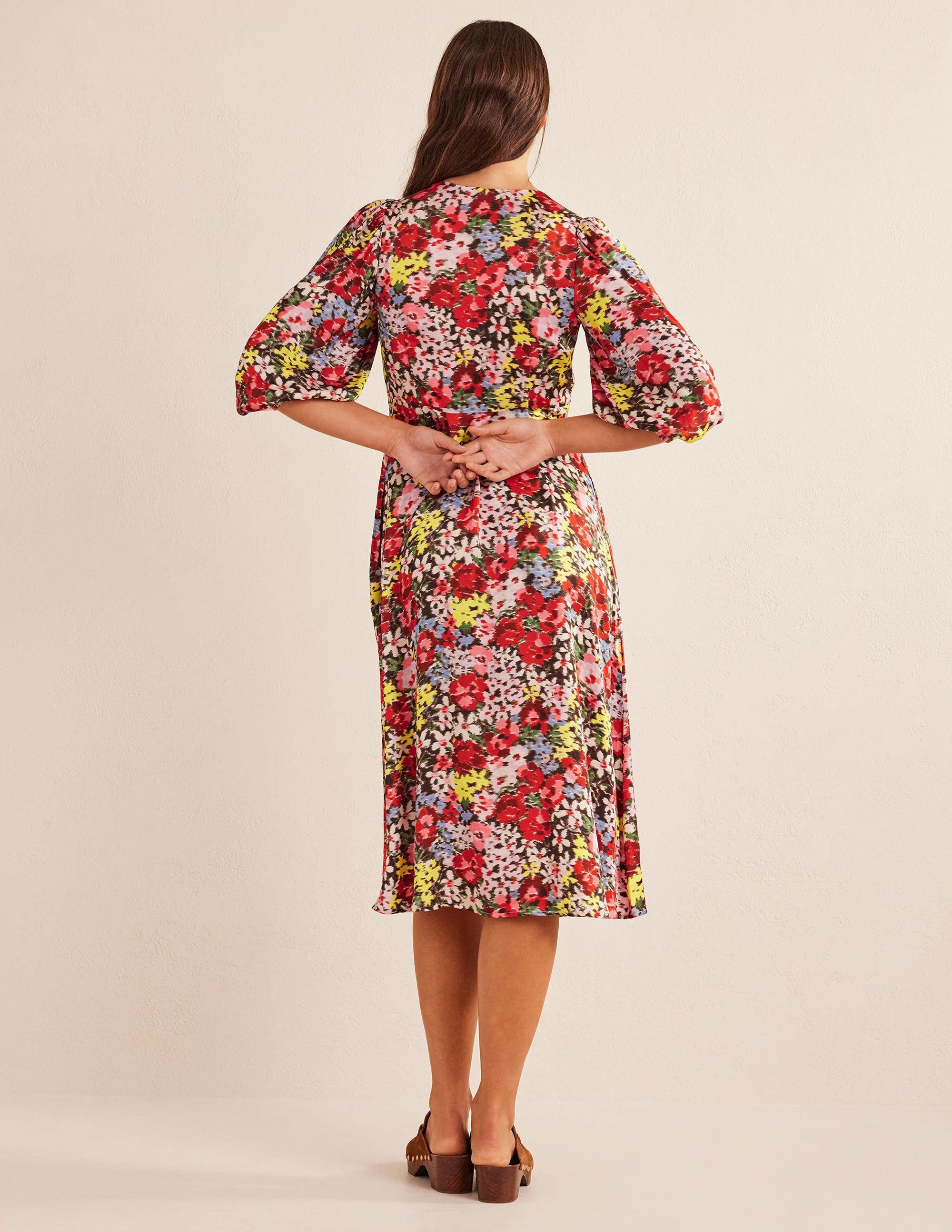 Button Detail Satin Tea Dress-Multi, Moire Bloom - Image 3