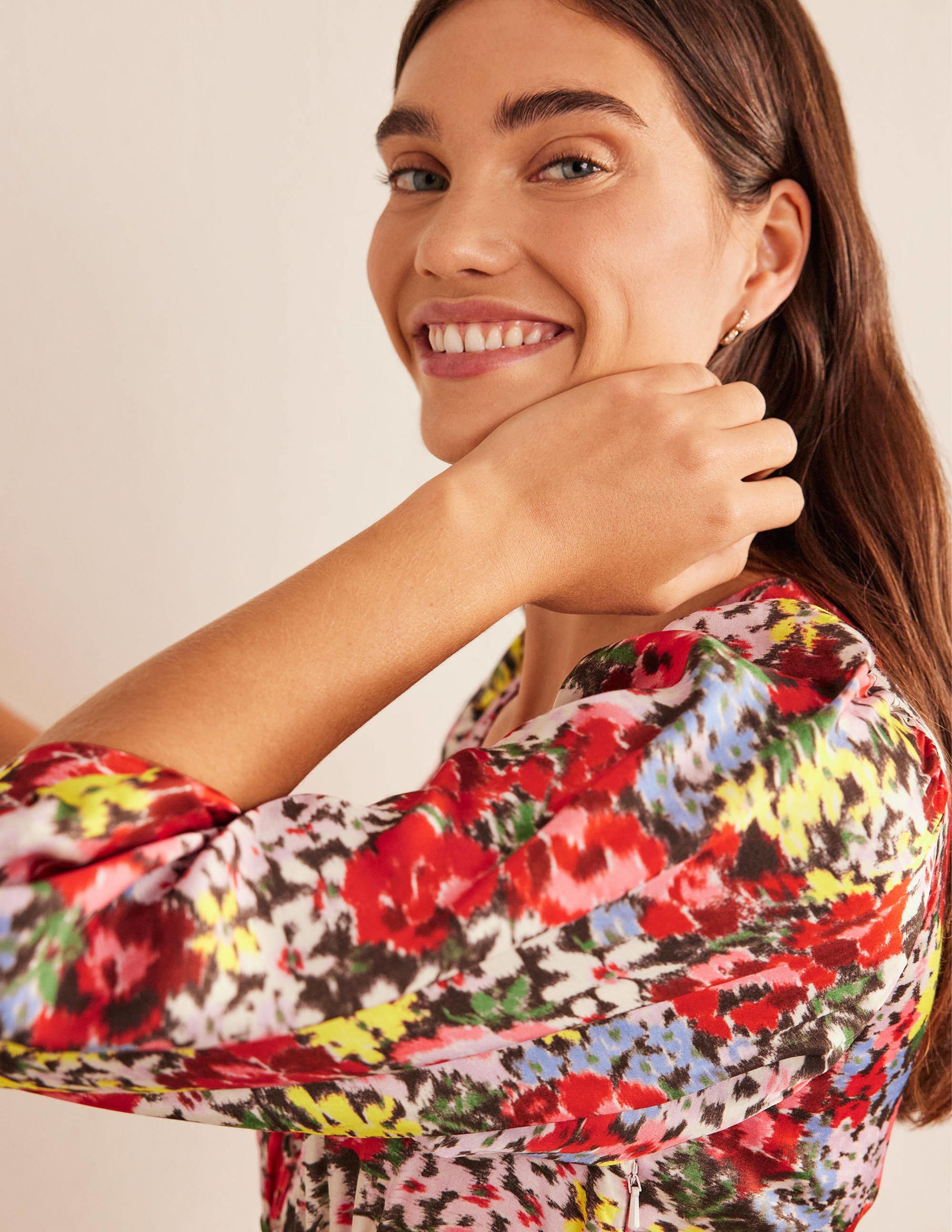 Button Detail Satin Tea Dress-Multi, Moire Bloom - Image 4