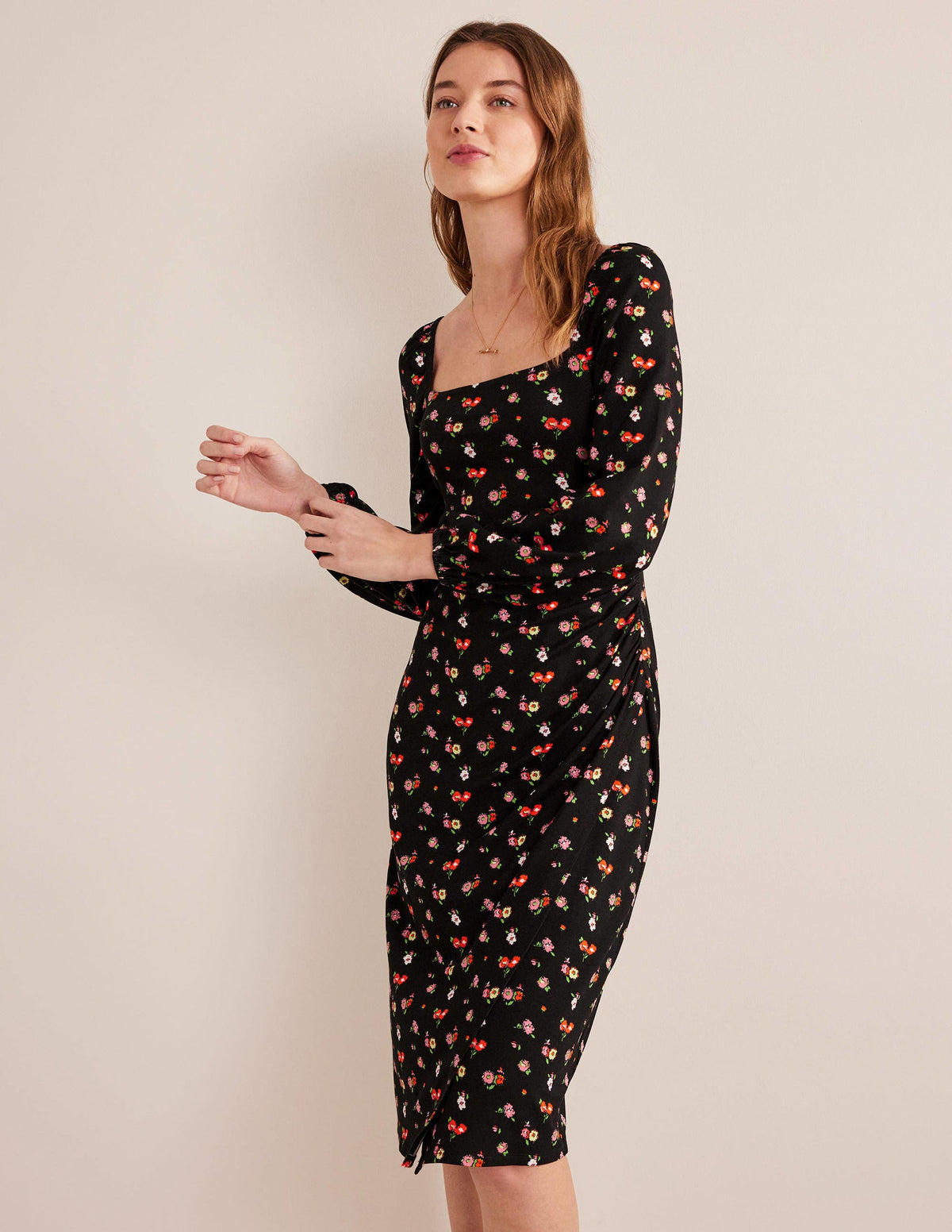 Square Neck Jersey Midi Dress-Black, Dainty Sprig-1
