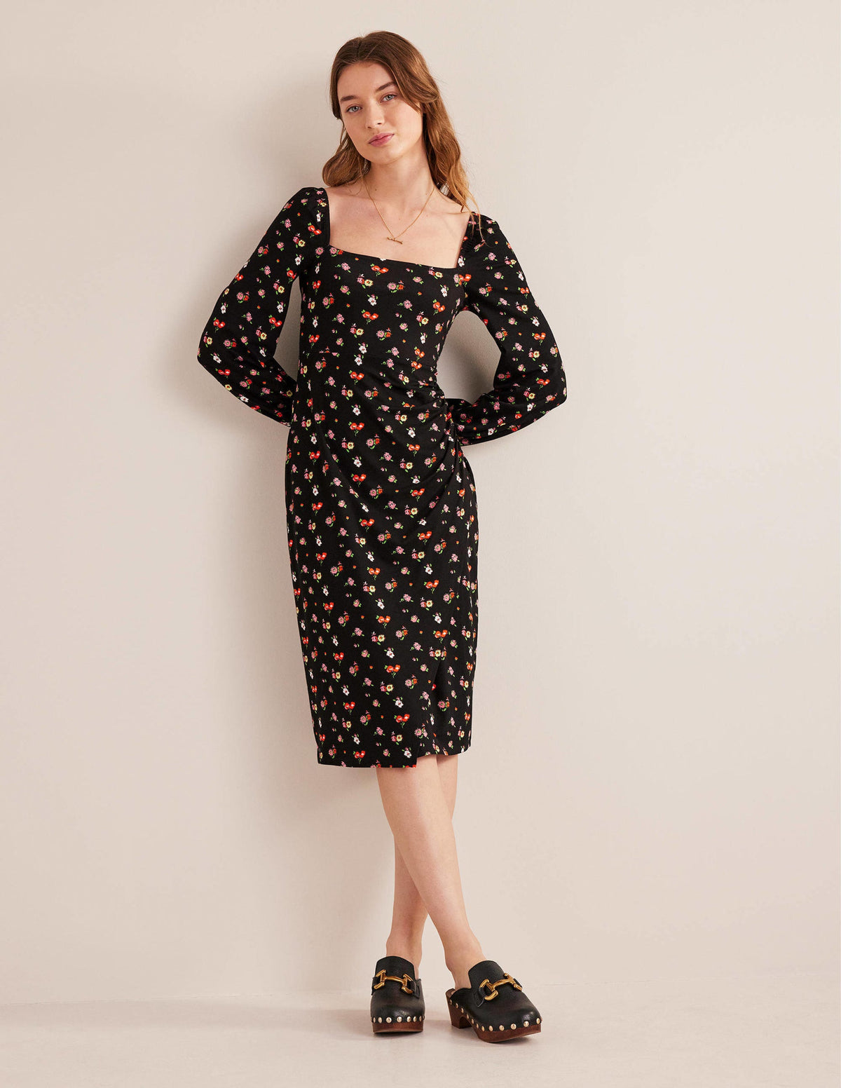 Square Neck Jersey Midi Dress-Black, Dainty Sprig - Image 4
