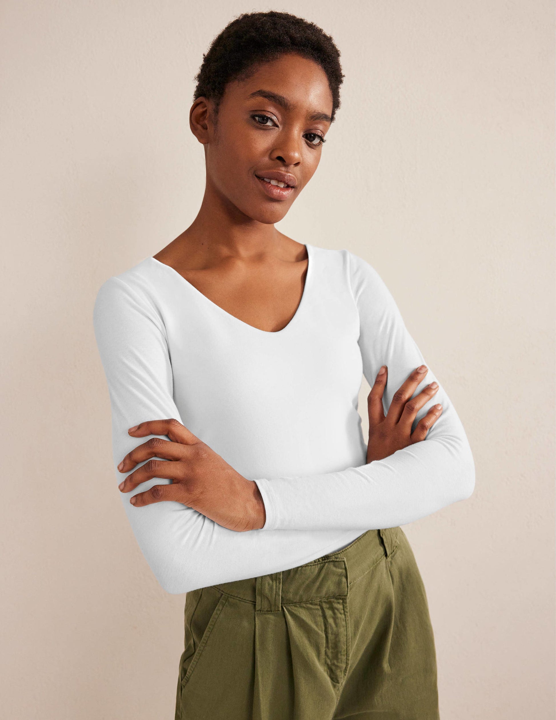 Double Layer V-neck Top-White-1